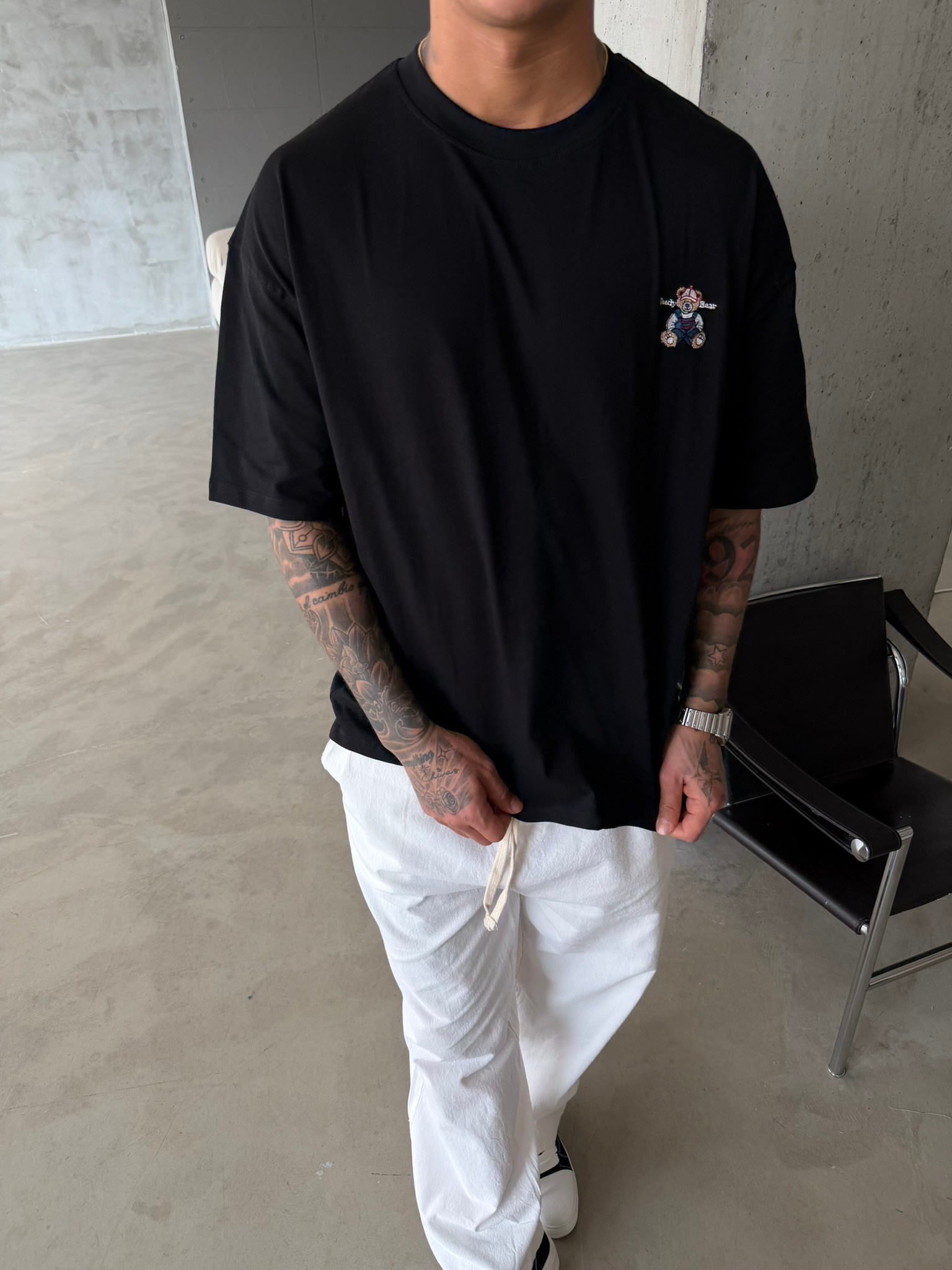 Tedy Bear Nakışlı Basic T-Shirt - Siyah