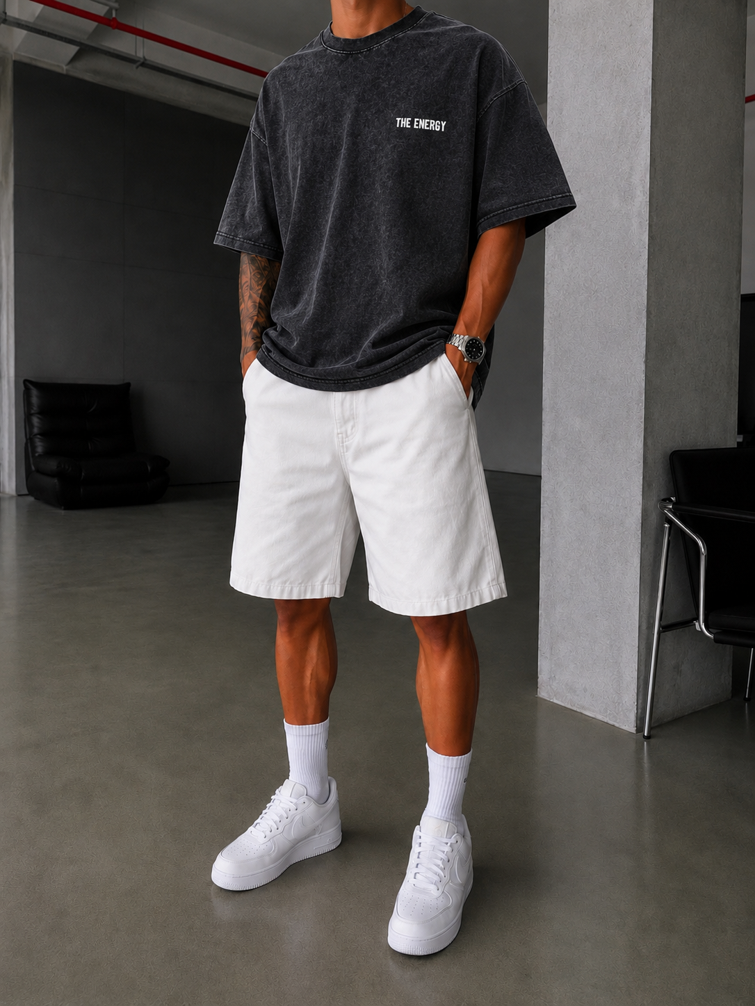 The Energy 08 Yıkamalı Oversize T-Shirt - Siyah