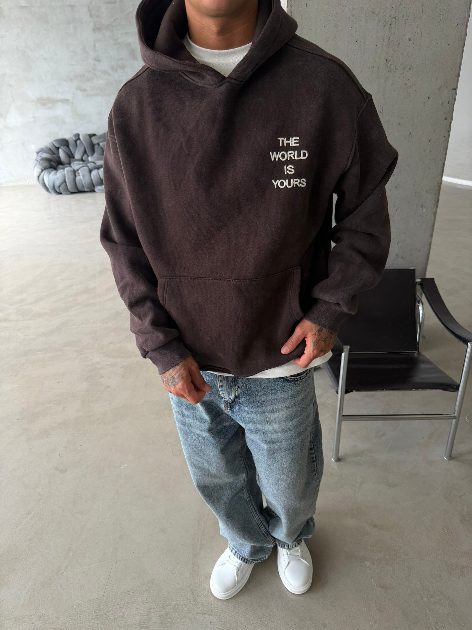 The World Is Your Premium Acid Yıkama Hoodie