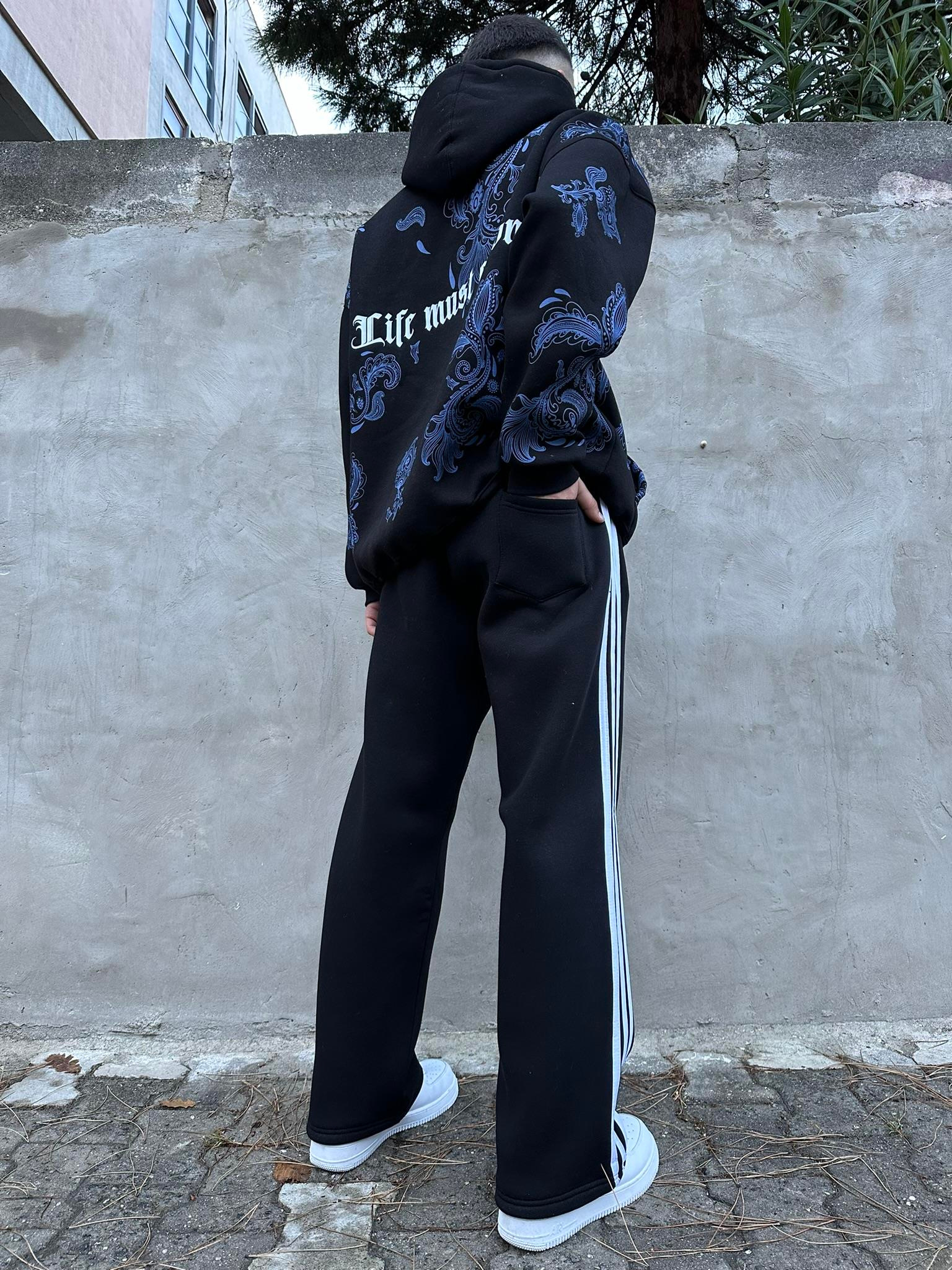 Üç Şerit Baggy Eşofman - Siyah