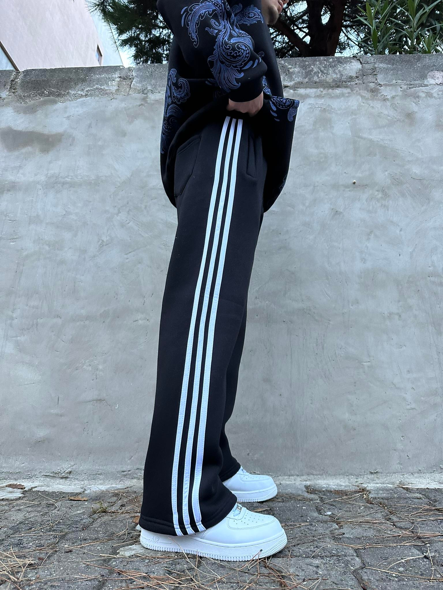 Üç Şerit Baggy Eşofman - Siyah