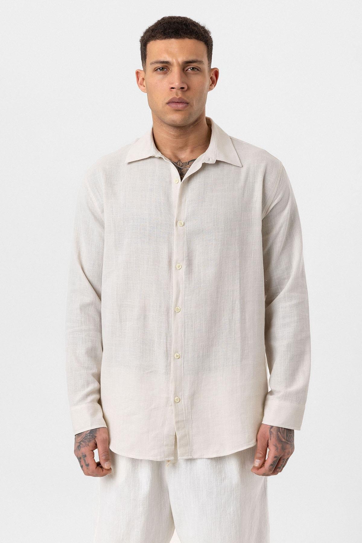 Uzun Kollu Basic Oversize Gömlek - Bej