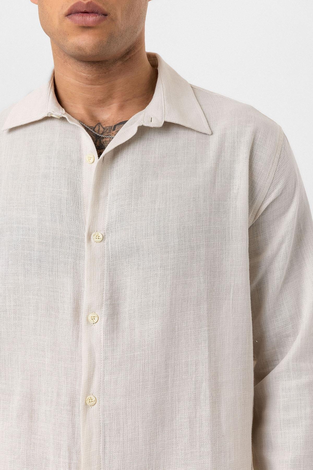 Uzun Kollu Basic Oversize Gömlek - Bej