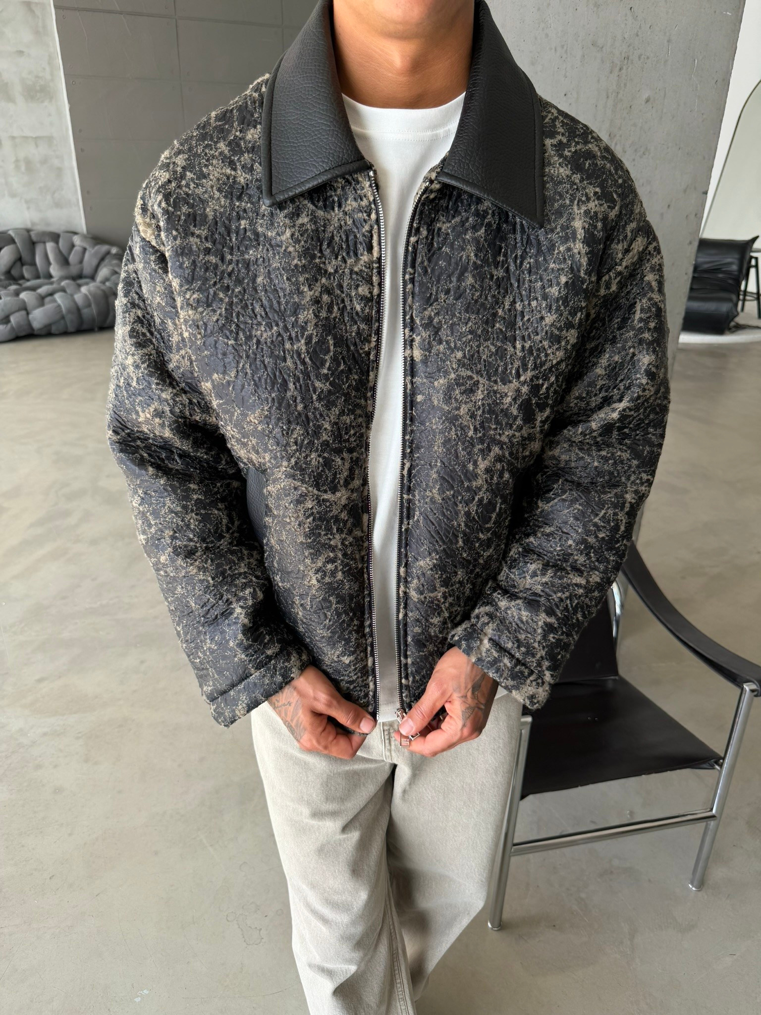 Vintage Wash Deri Yaka Bomber Ceket