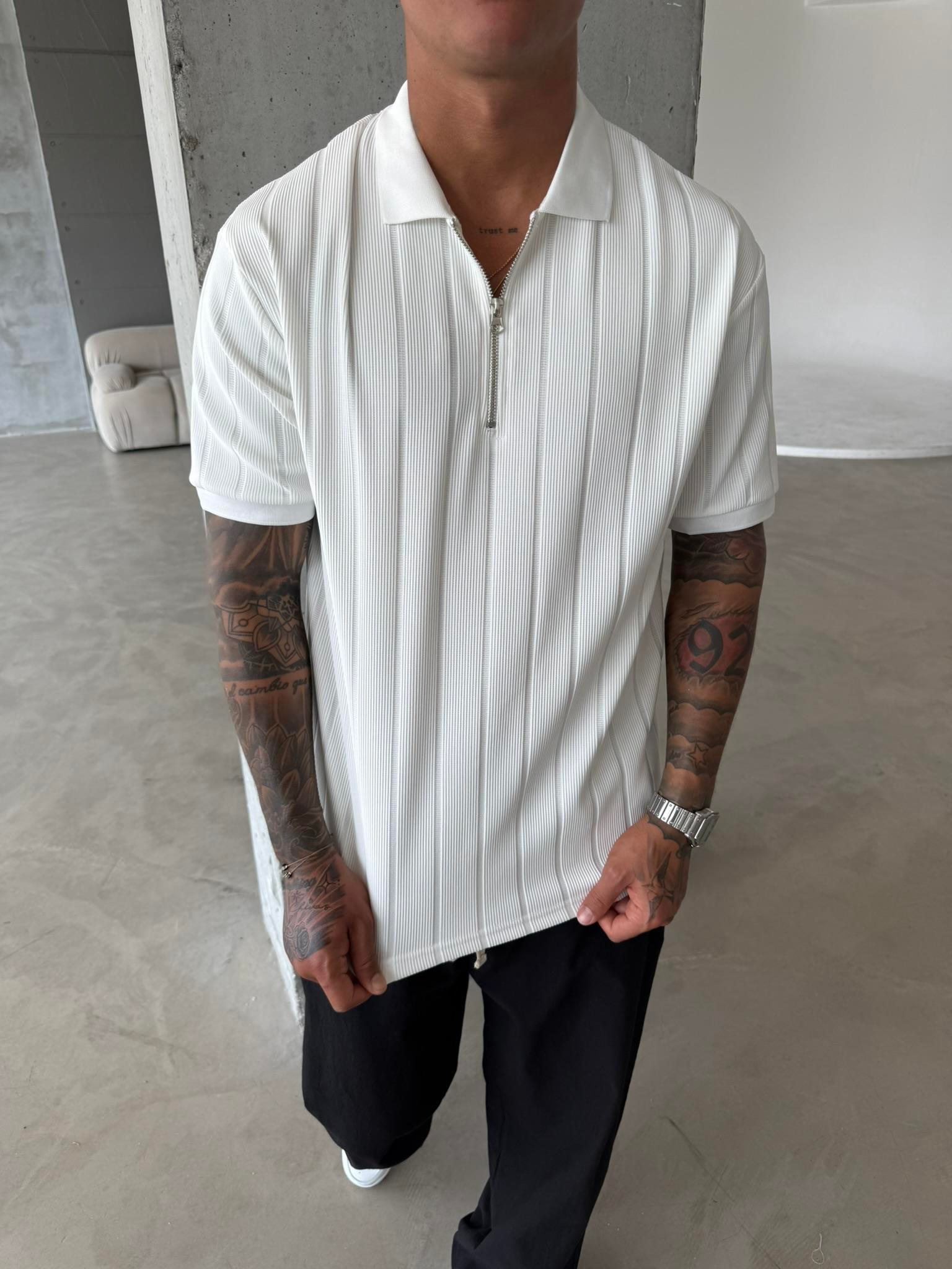 Yarım Fermuar Fitilli Regular Fit  Polo Yaka T-Shirt -Beyaz