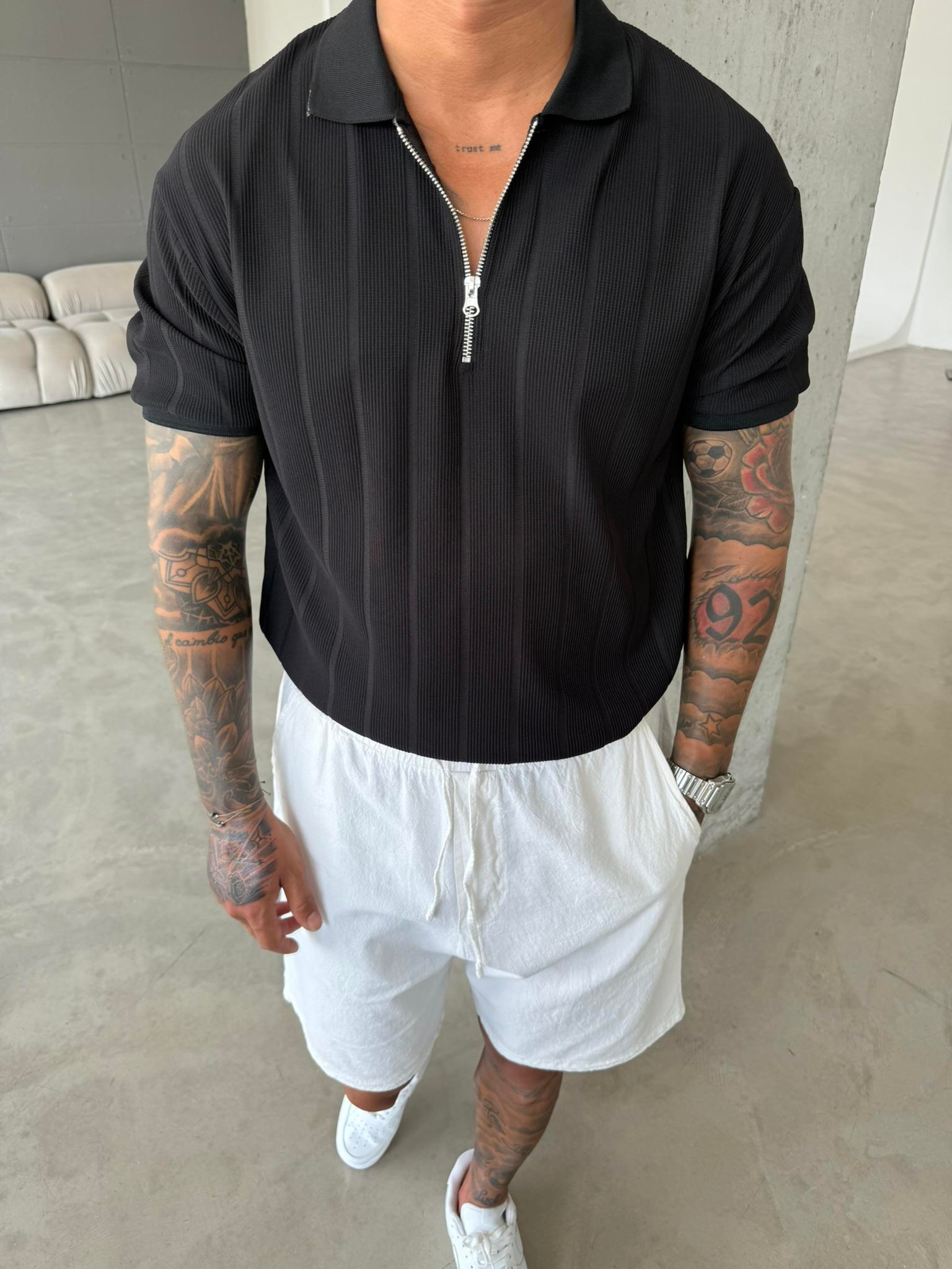 Yarım Fermuar Fitilli Regular Fit  Polo Yaka T-Shirt -Siyah