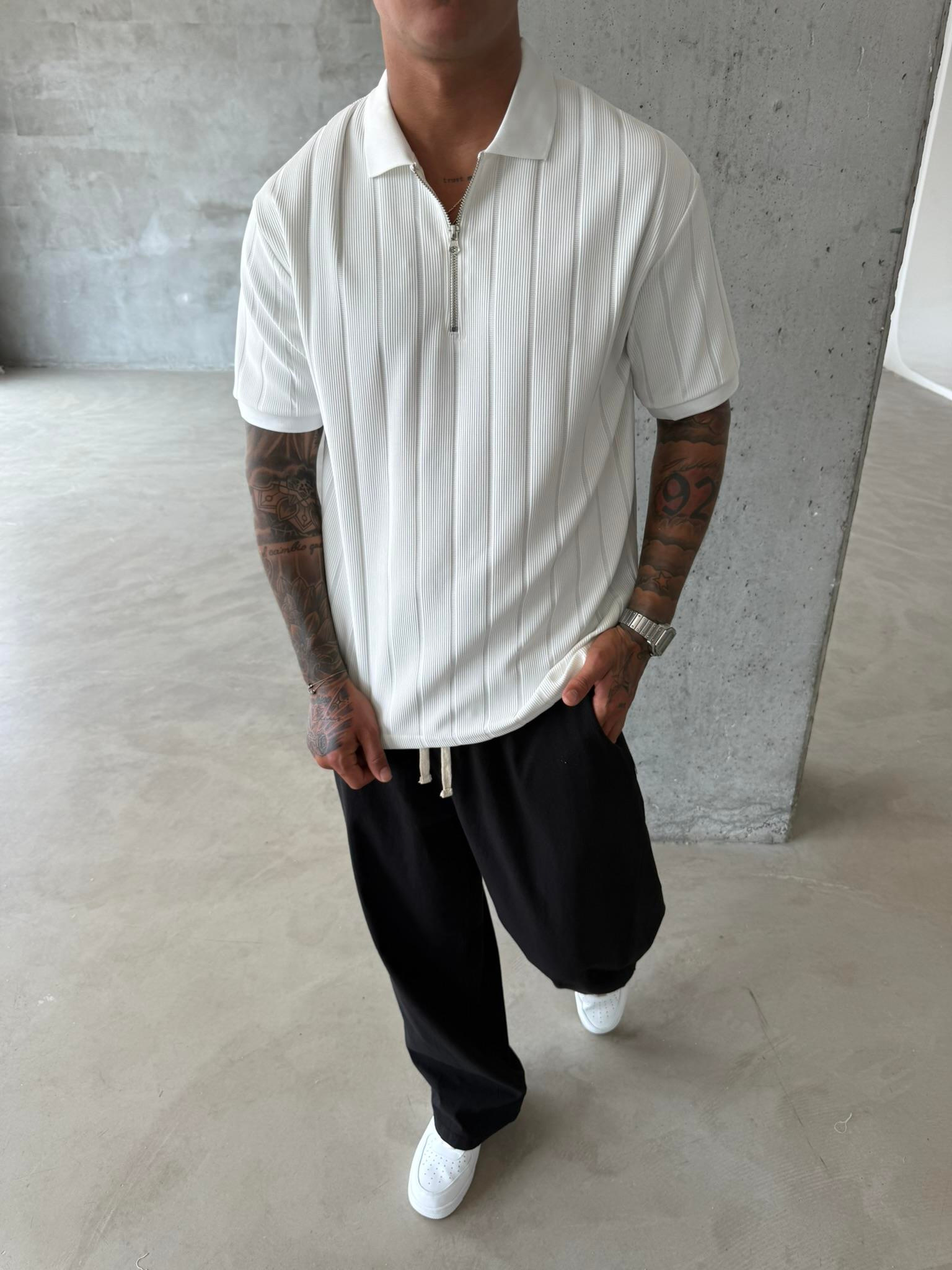 Yarım Fermuar Fitilli Regular Fit  Polo Yaka T-Shirt -Beyaz