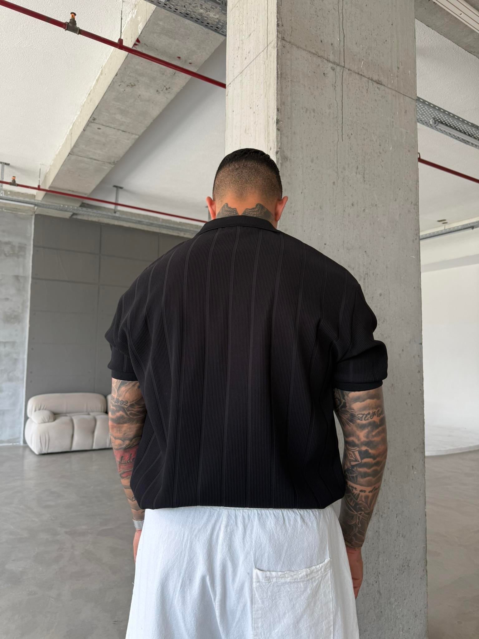 Yarım Fermuar Fitilli Regular Fit  Polo Yaka T-Shirt -Siyah