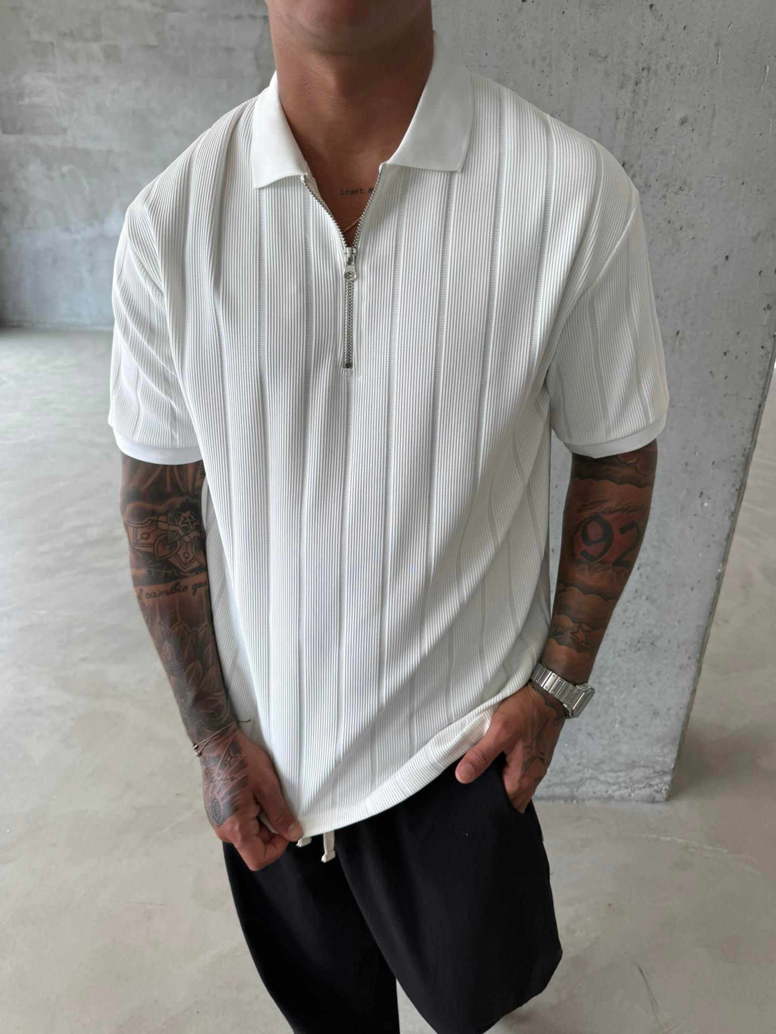 Yarım Fermuar Fitilli Regular Fit  Polo Yaka T-Shirt -Beyaz