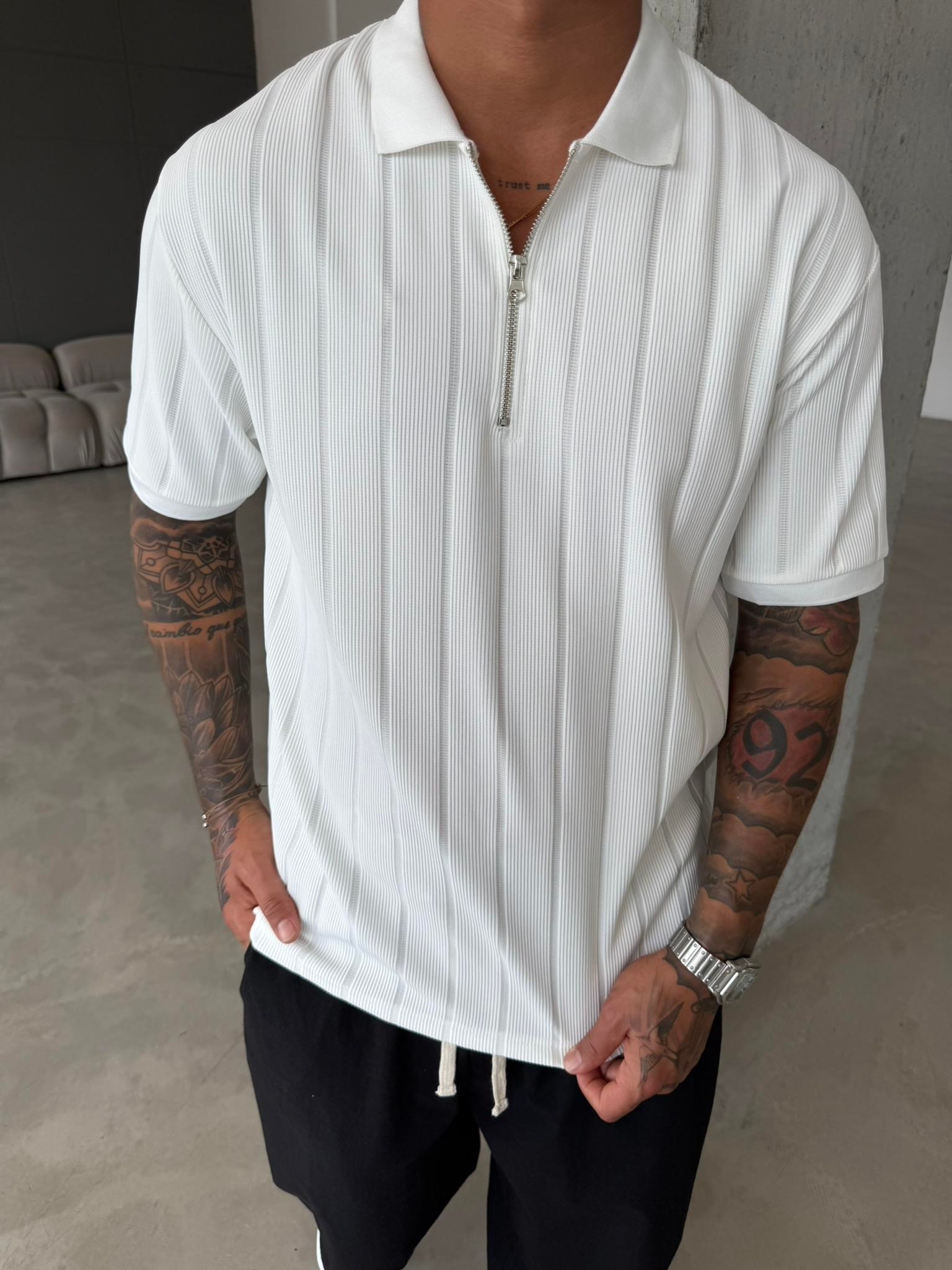 Yarım Fermuar Fitilli Regular Fit  Polo Yaka T-Shirt -Beyaz