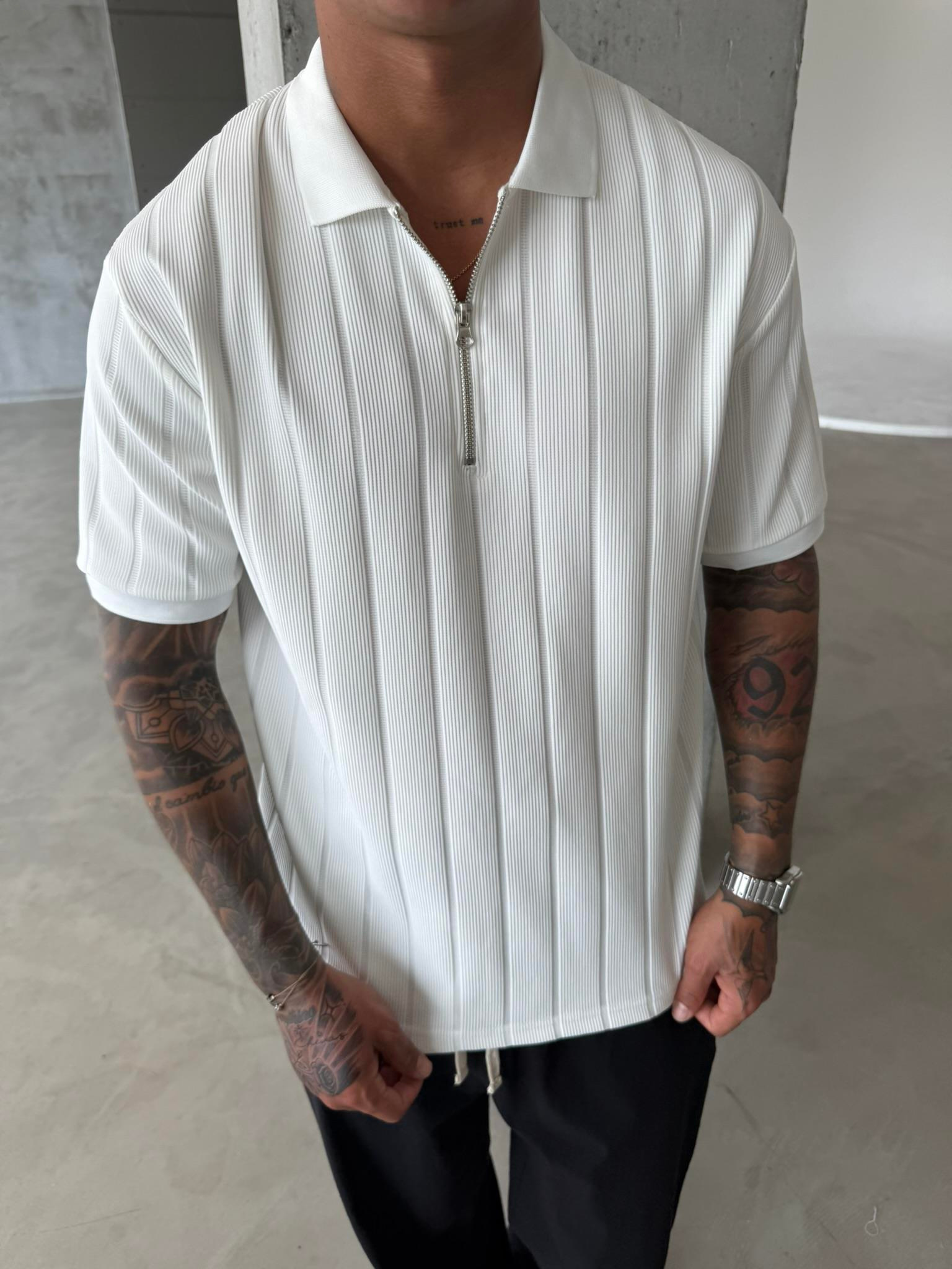 Yarım Fermuar Fitilli Regular Fit  Polo Yaka T-Shirt -Beyaz