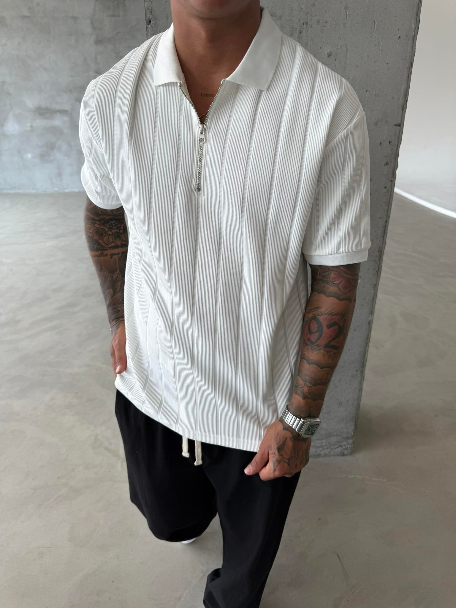 Yarım Fermuar Fitilli Regular Fit  Polo Yaka T-Shirt -Beyaz