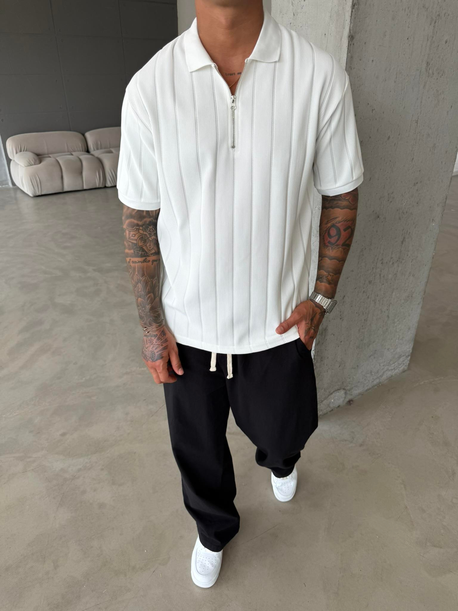 Yarım Fermuar Fitilli Regular Fit  Polo Yaka T-Shirt -Beyaz