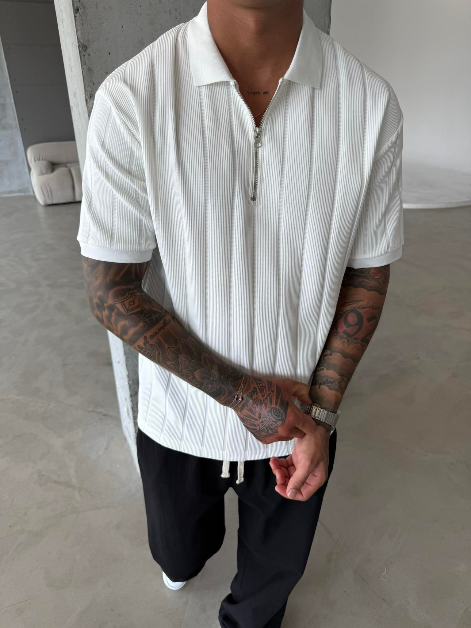 Yarım Fermuar Fitilli Regular Fit  Polo Yaka T-Shirt -Beyaz