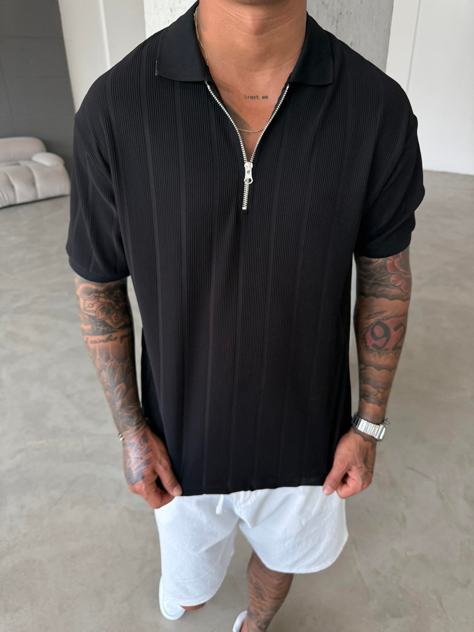 Yarım Fermuar Fitilli Regular Fit  Polo Yaka T-Shirt -Siyah