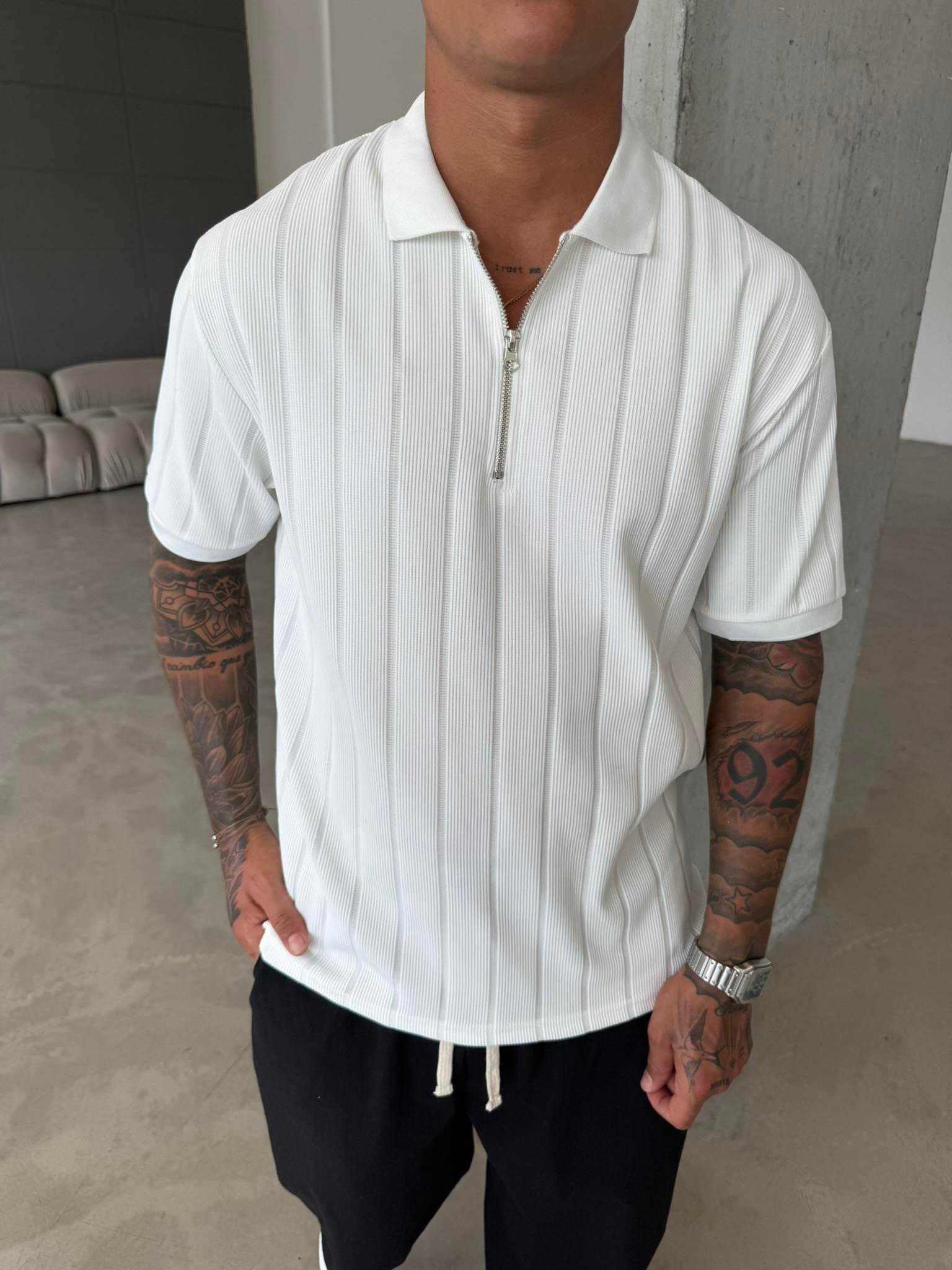 Yarım Fermuar Fitilli Regular Fit  Polo Yaka T-Shirt -Beyaz