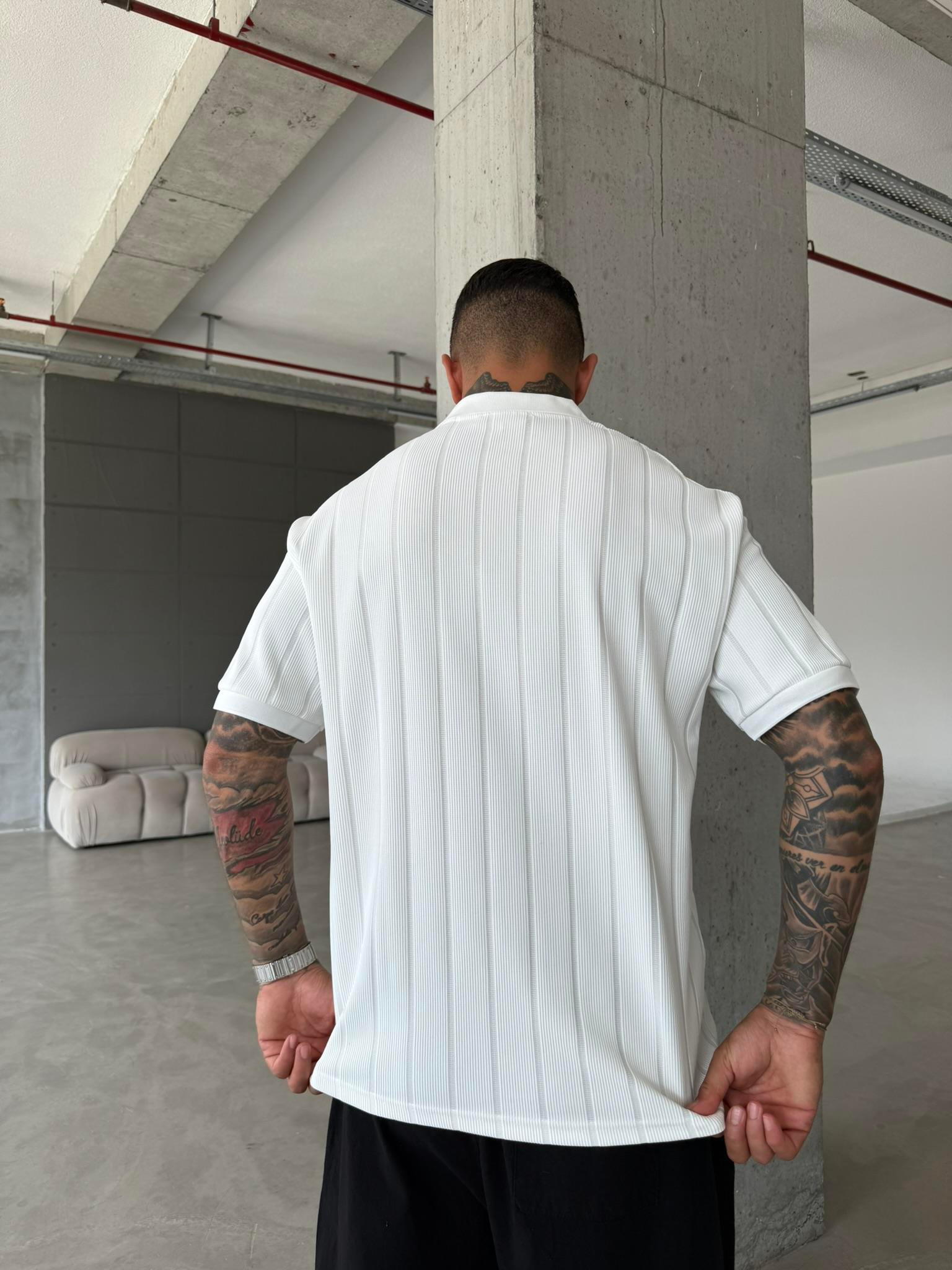 Yarım Fermuar Fitilli Regular Fit  Polo Yaka T-Shirt -Beyaz