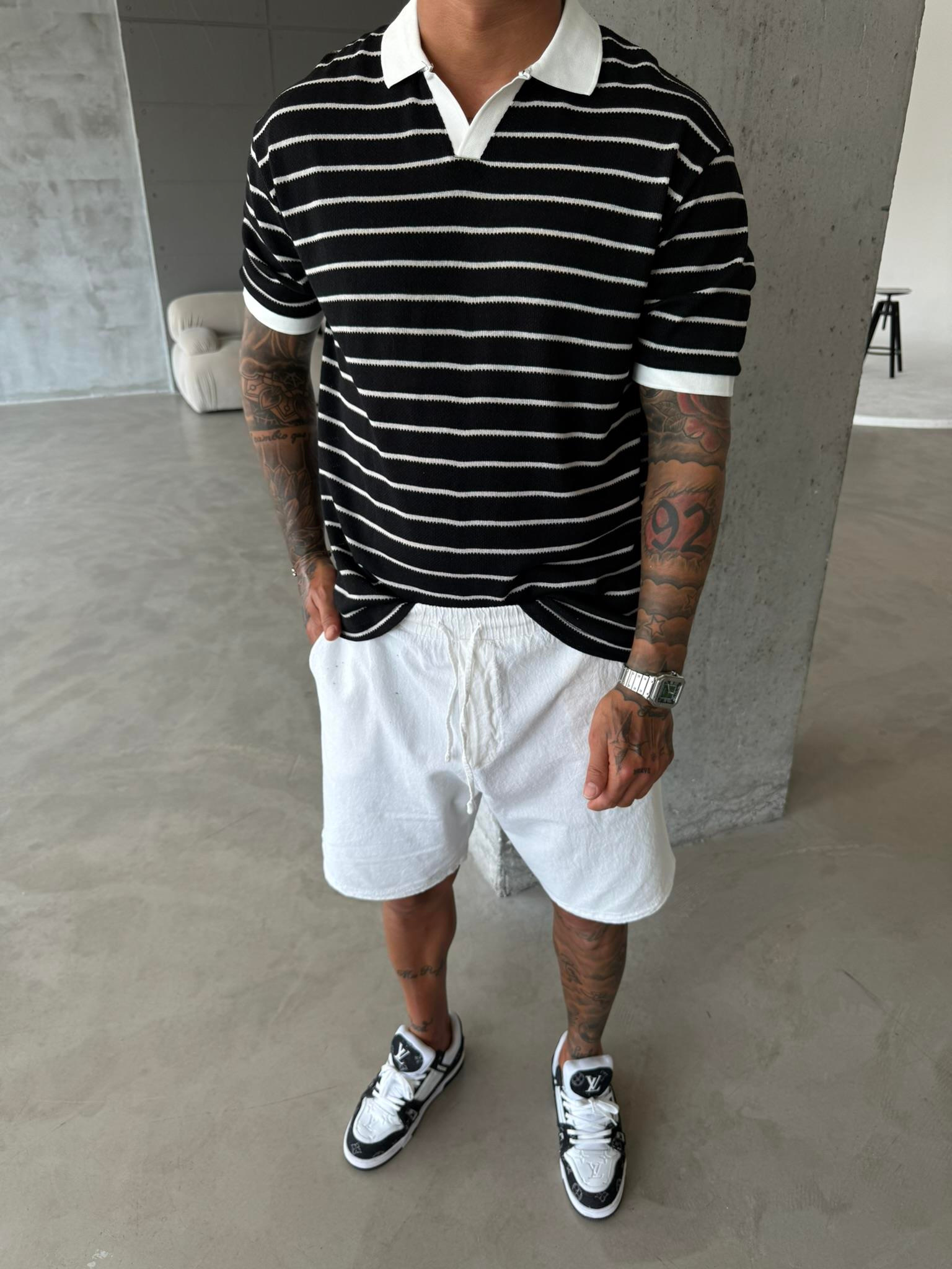 Yarım Pat Gömlek Yaka Çizgili Triko T-Shirt  - Siyah