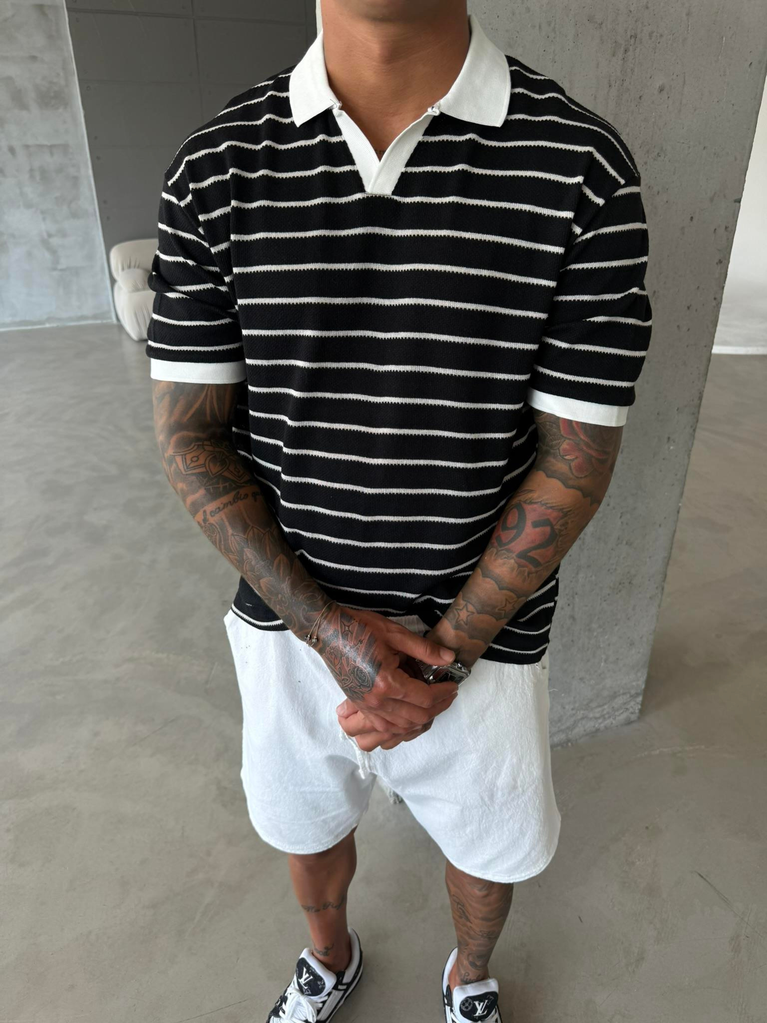 Yarım Pat Gömlek Yaka Çizgili Triko T-Shirt  - Siyah