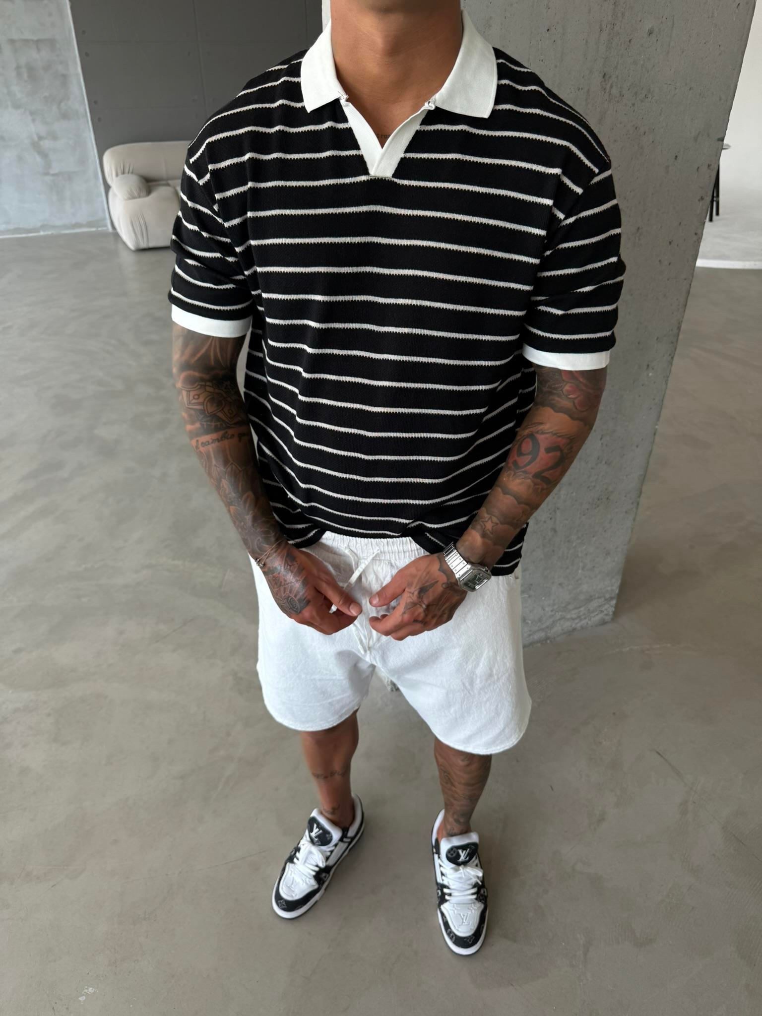 Yarım Pat Gömlek Yaka Çizgili Triko T-Shirt  - Siyah