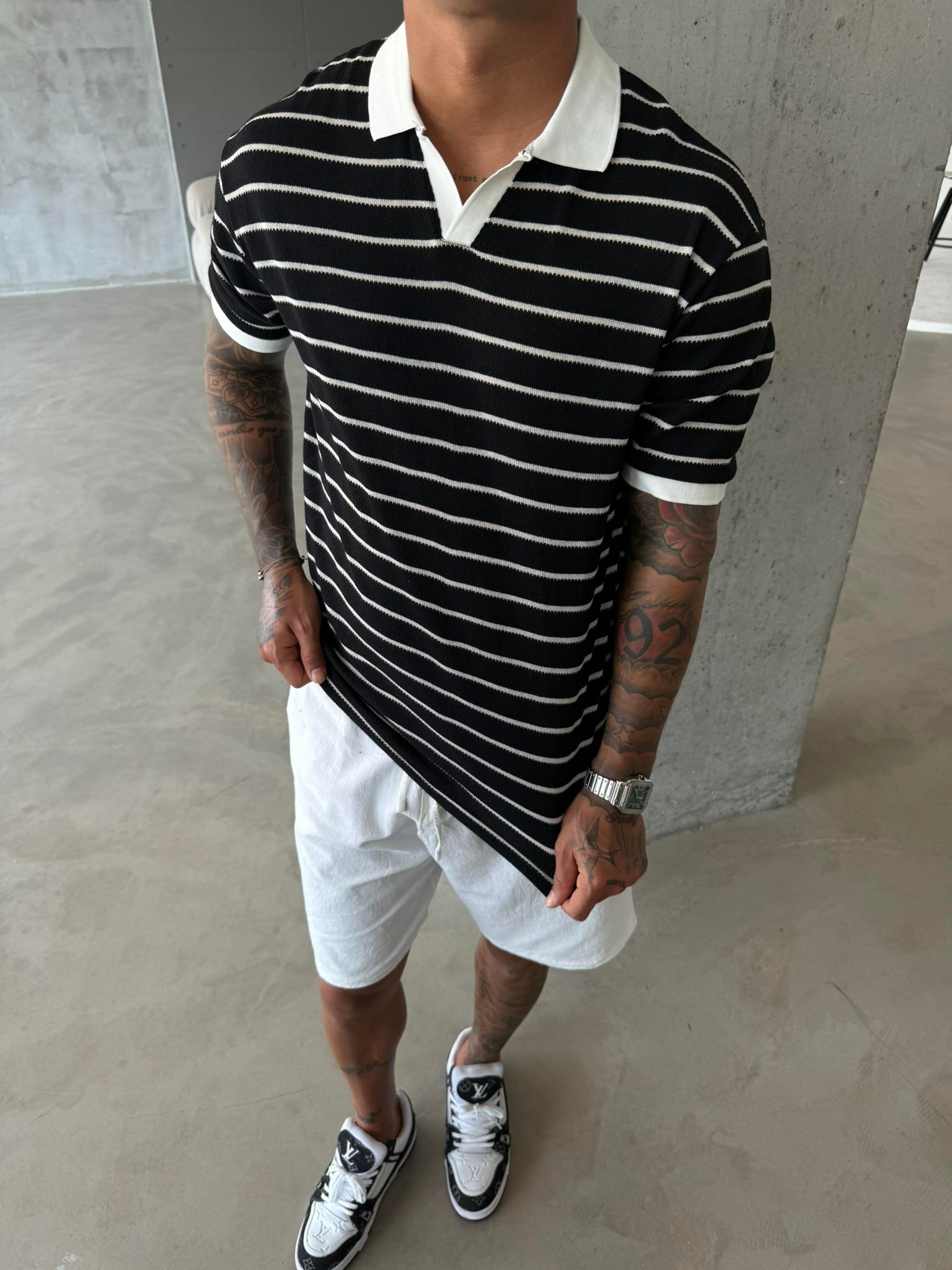 Yarım Pat Gömlek Yaka Çizgili Triko T-Shirt  - Siyah