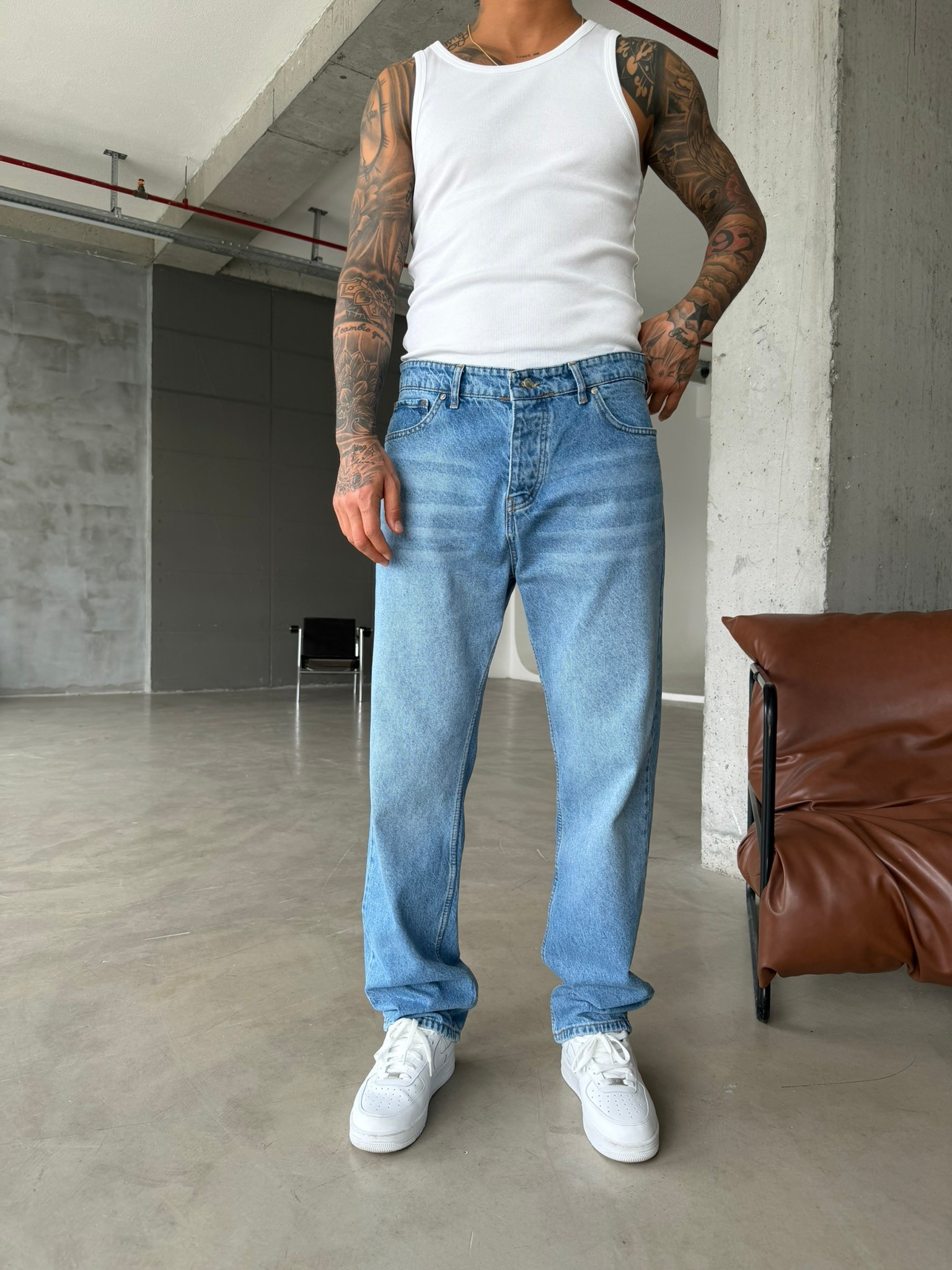 Yıkamalı Baggy Pantolon  - Mavi