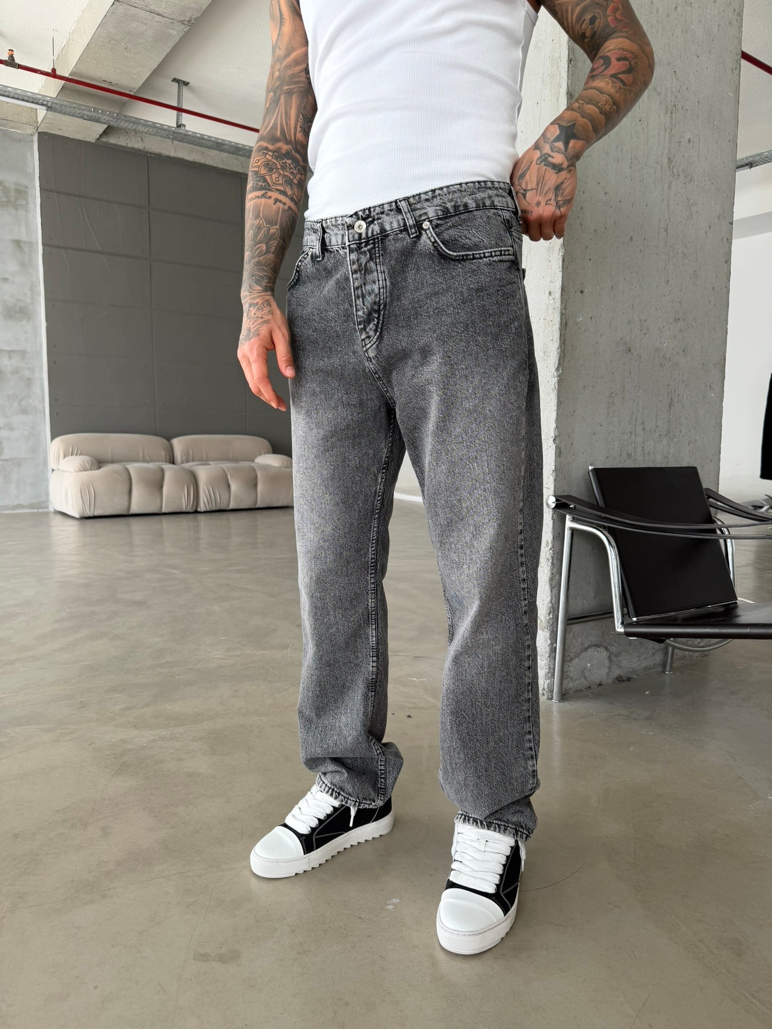 Yıkamalı Basic Baggy Pantolon - Gri