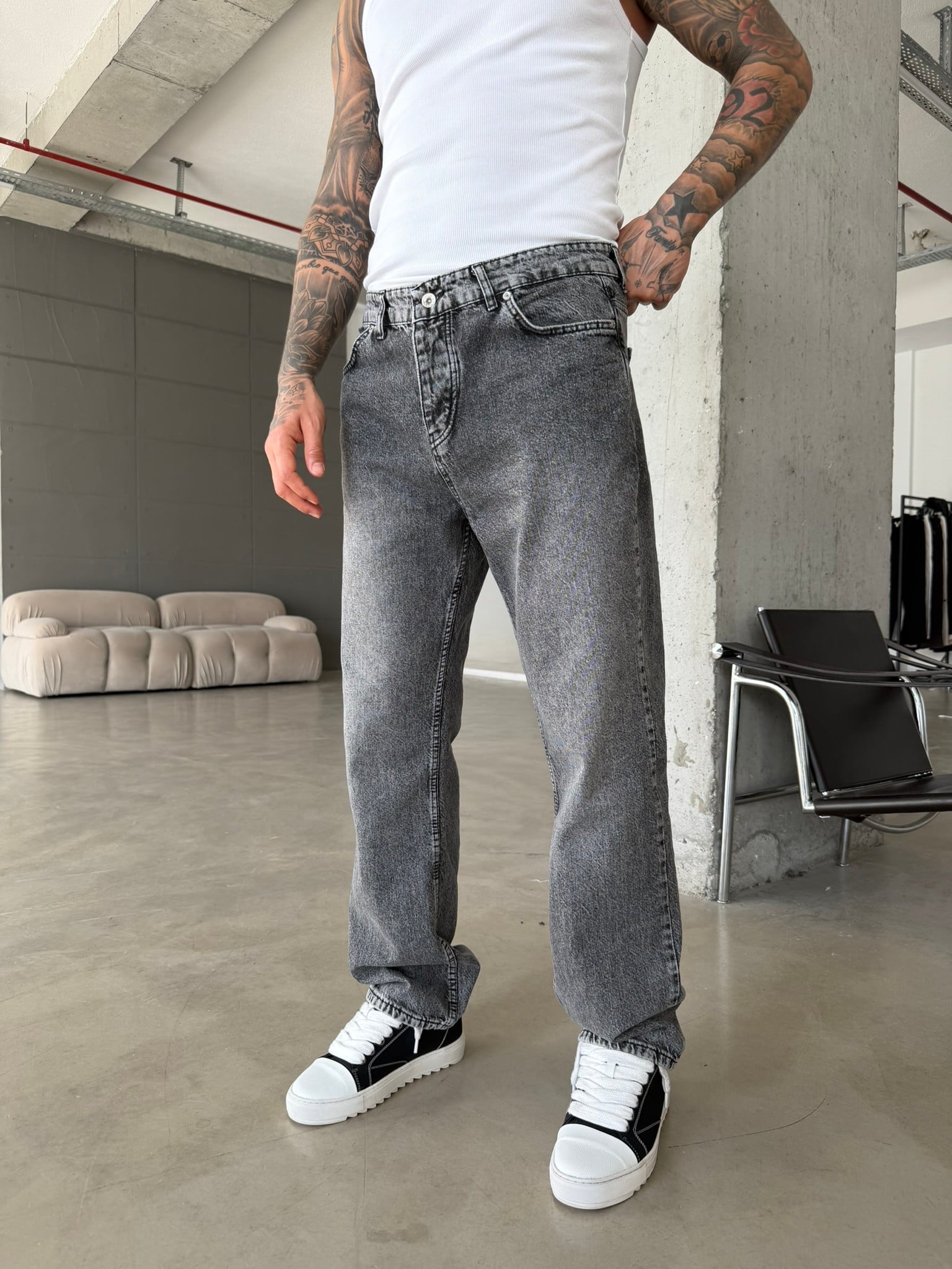 Yıkamalı Basic Baggy Pantolon - Gri