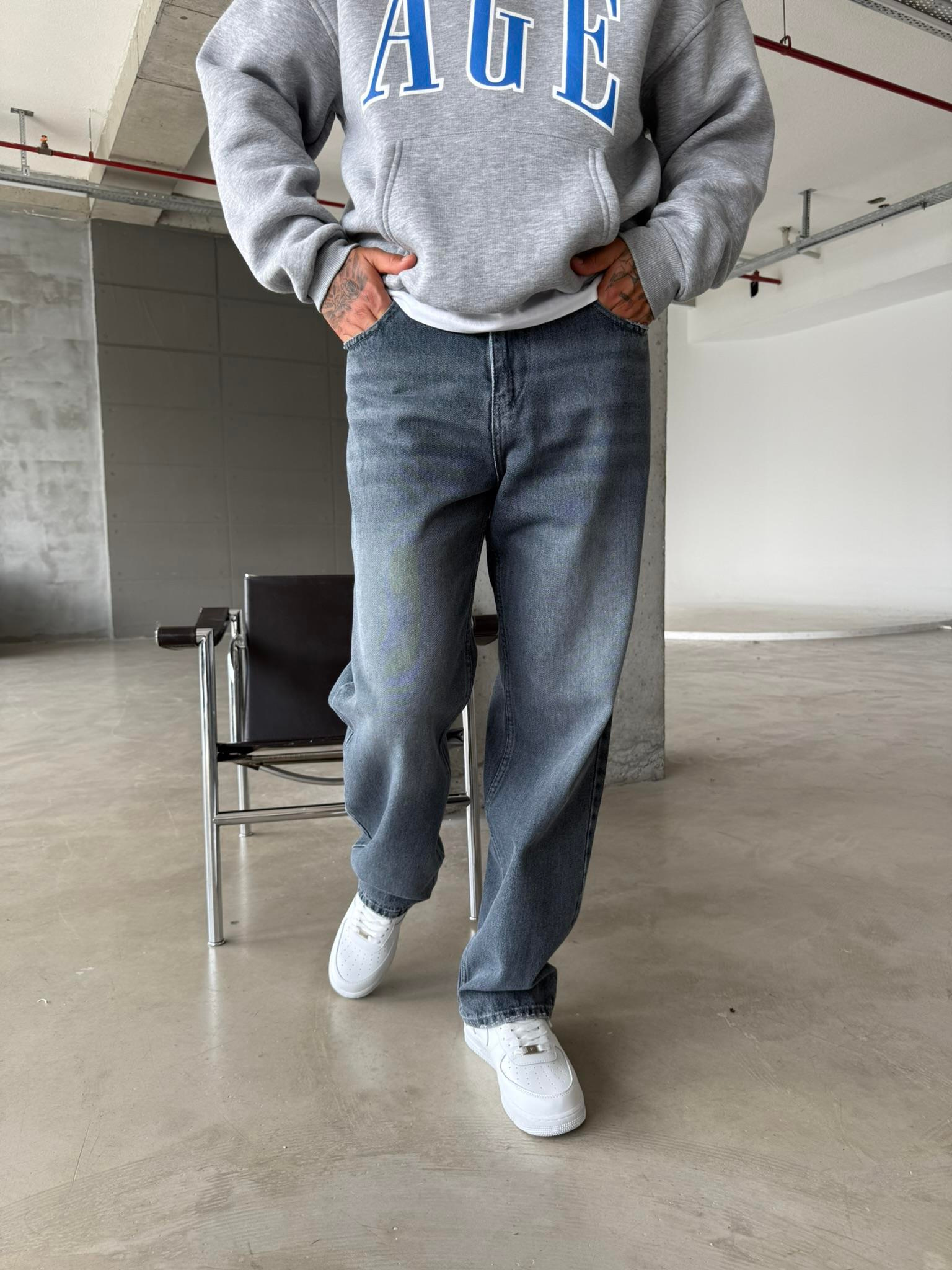 Yıkamalı Basic Baggy Pantolon - Gri