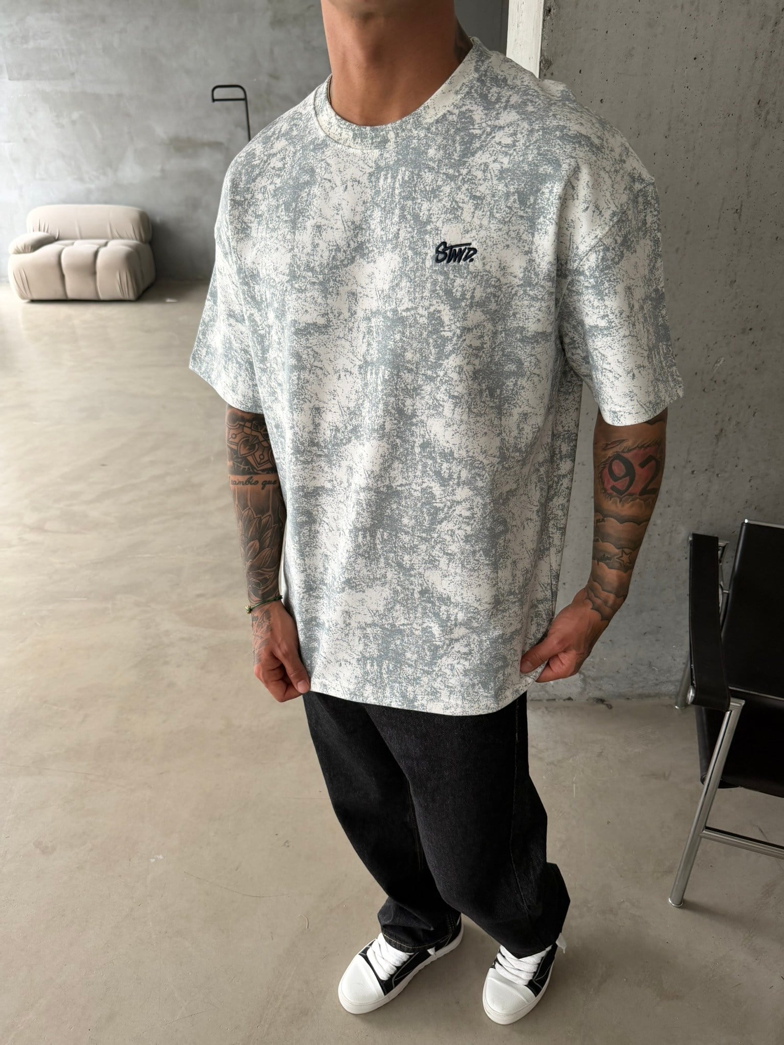 Yıkamalı Basic Nakışlı Acid T-Shirt - Beyaz