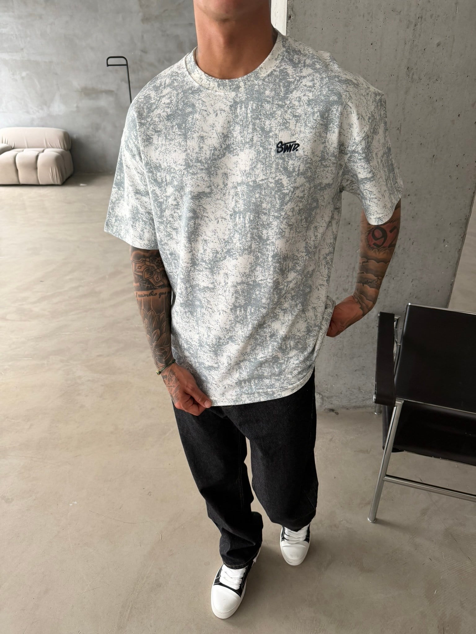 Yıkamalı Basic Nakışlı Acid T-Shirt - Beyaz