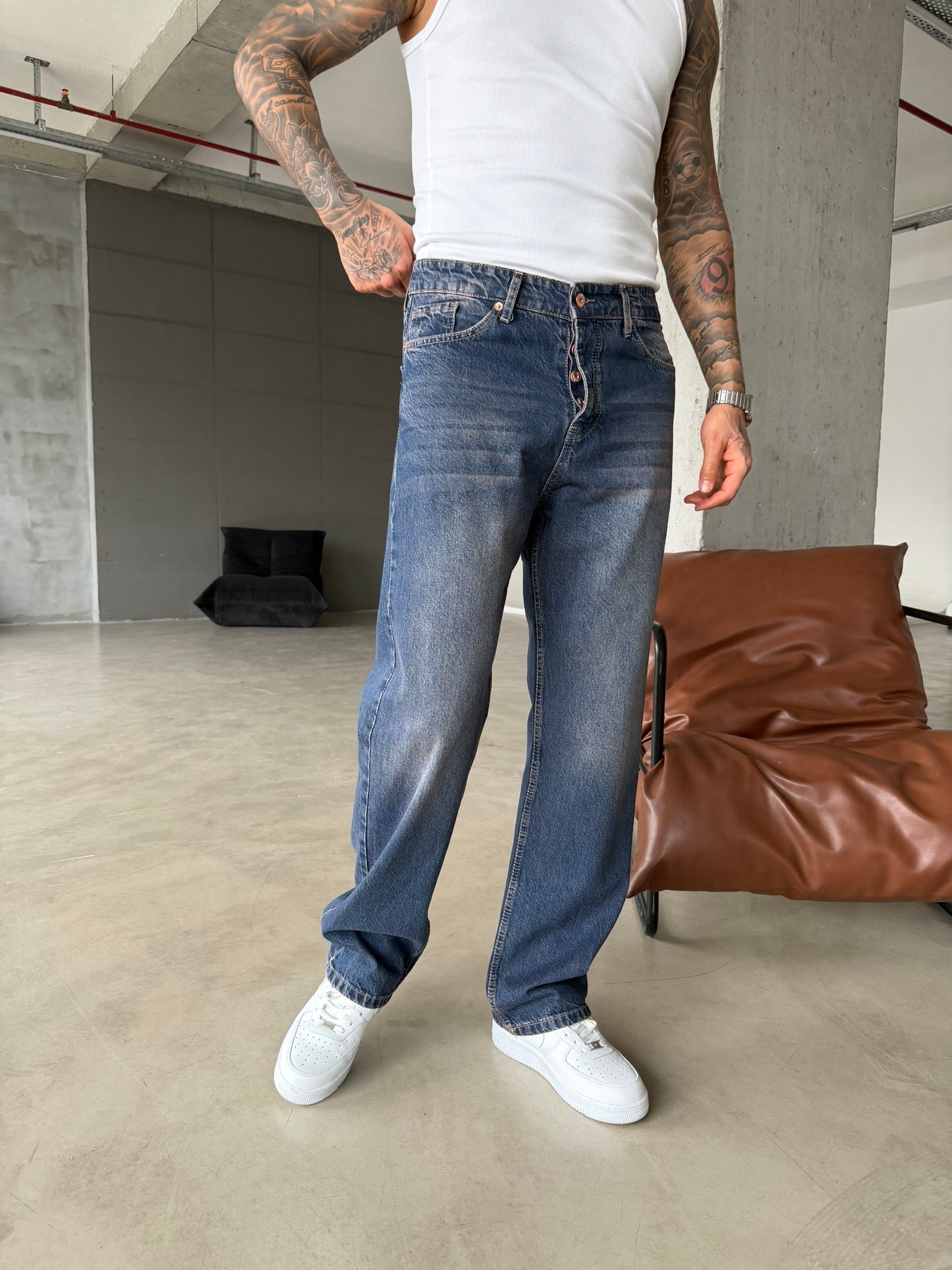 Yıkamalı Basic Pantolon Detaylı - İndigo