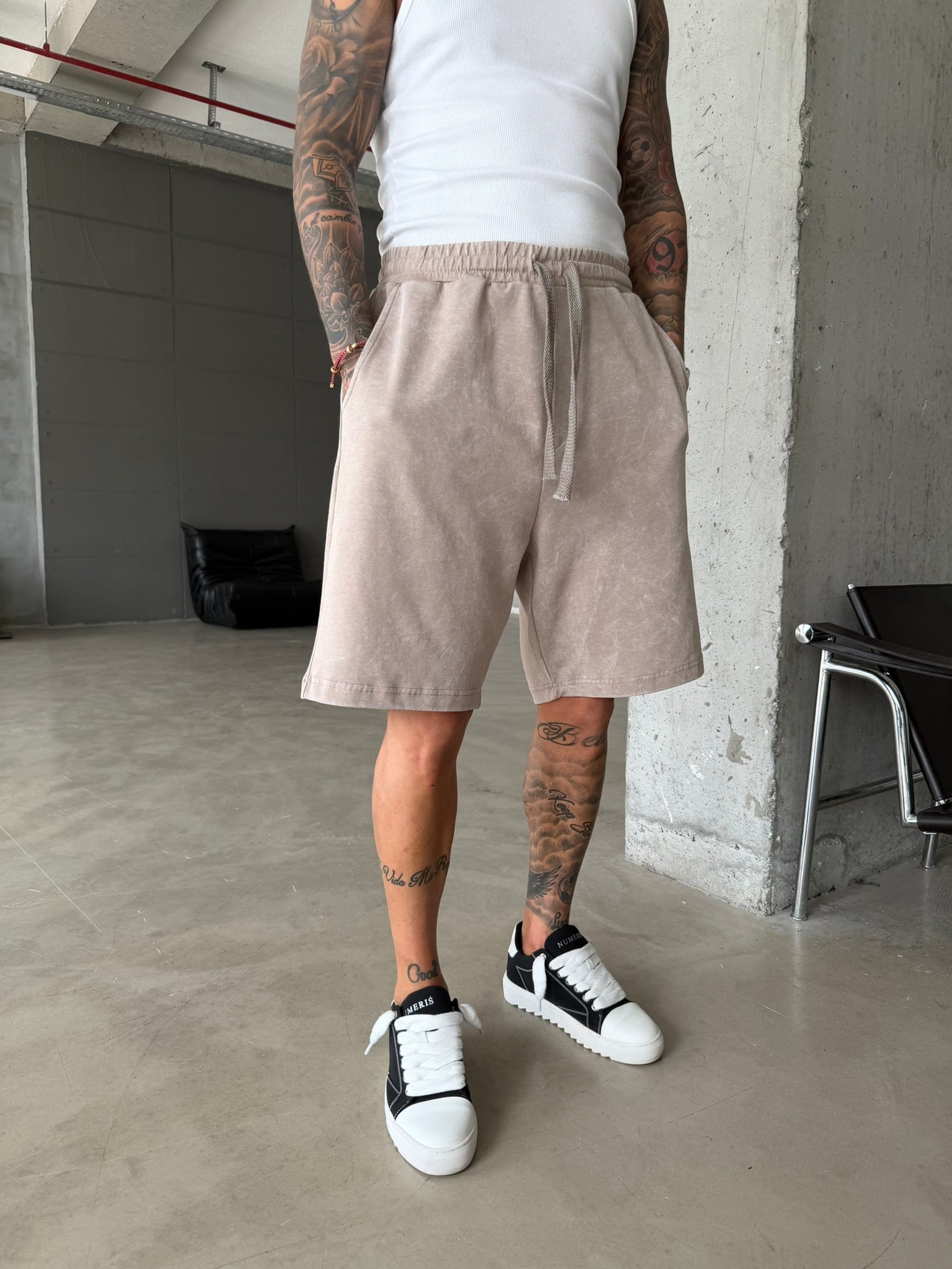 Yıkamalı Basic Premium Kumaş Şort - Bej