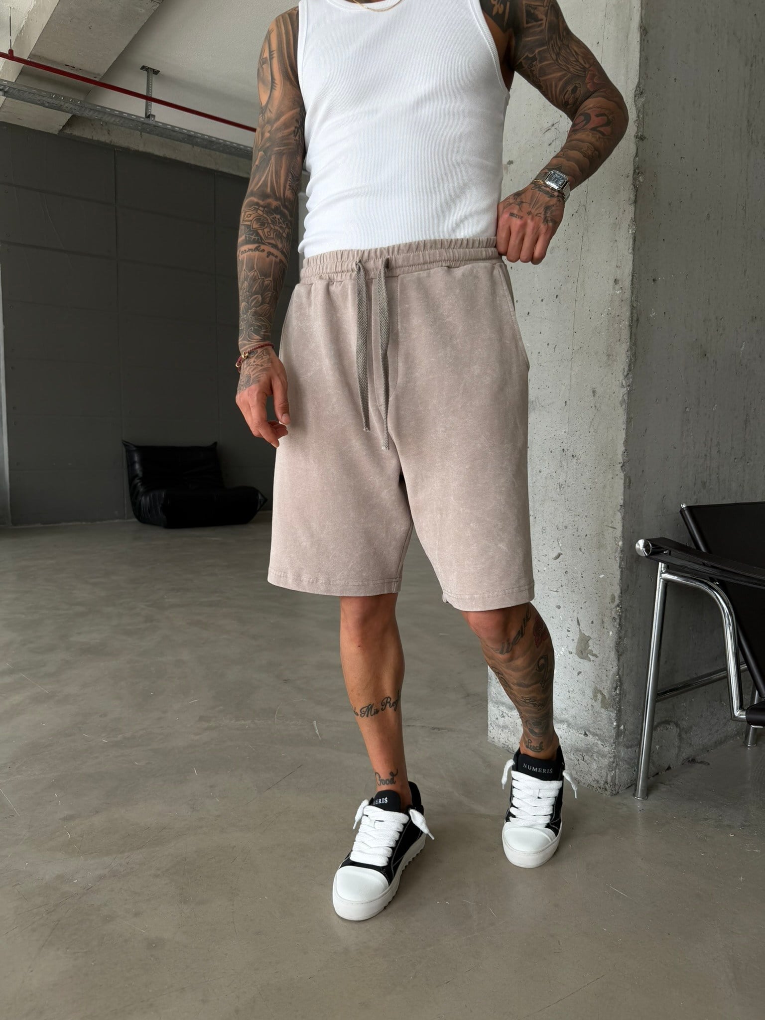 Yıkamalı Basic Premium Kumaş Şort - Bej