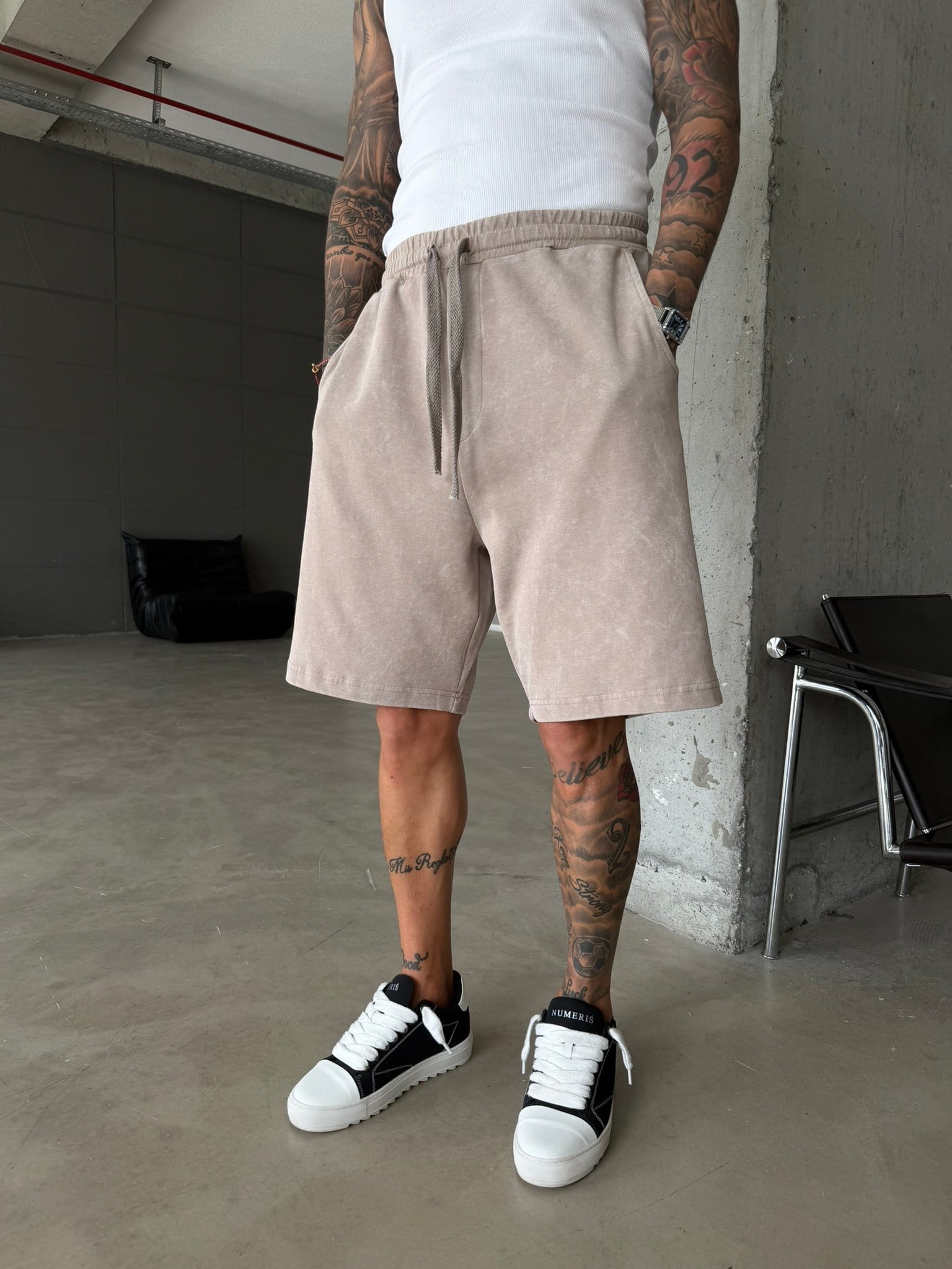 Yıkamalı Basic Premium Kumaş Şort - Bej