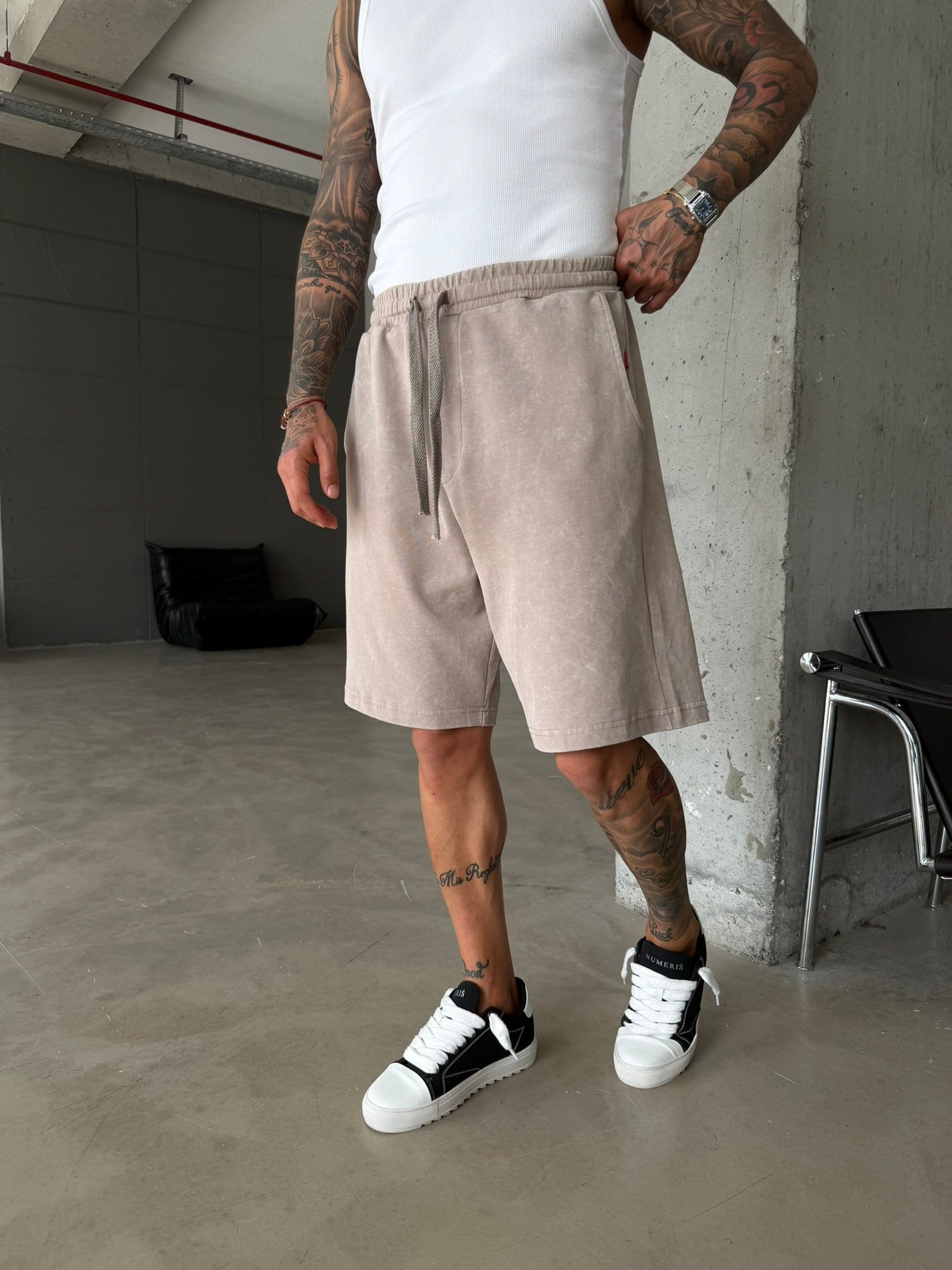 Yıkamalı Basic Premium Kumaş Şort - Bej