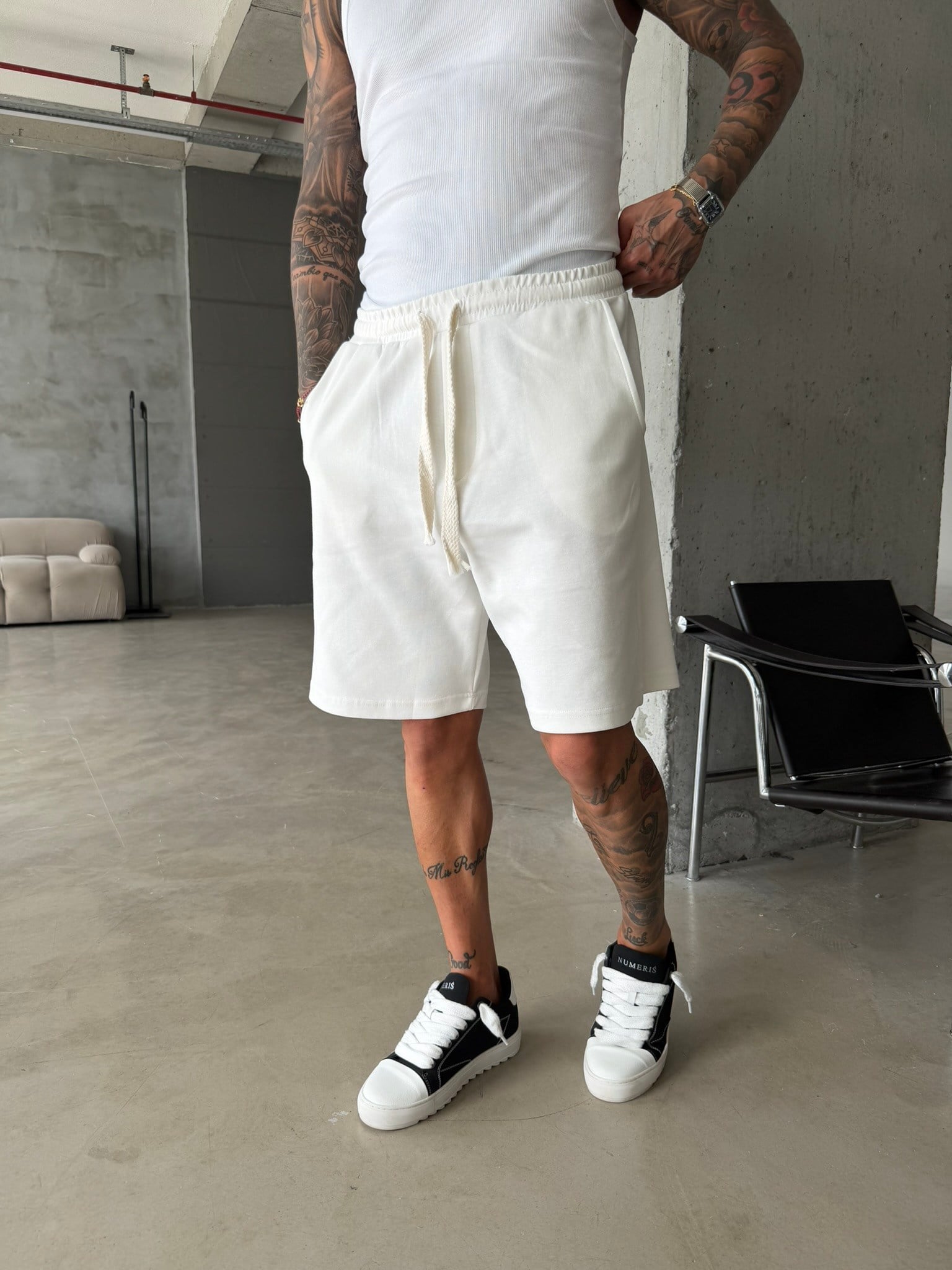 Yıkamalı Basic Premium Kumaş Şort - Beyaz
