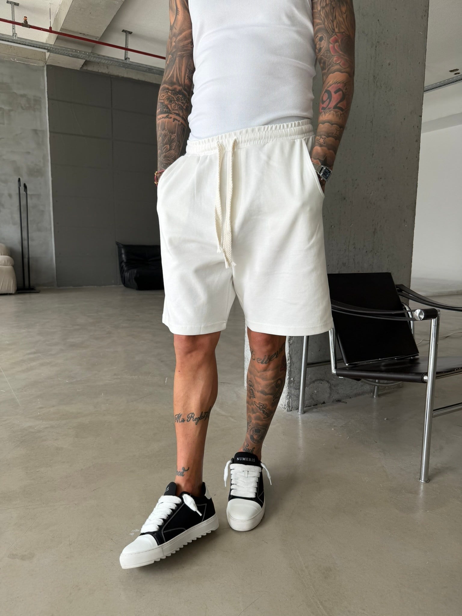 Yıkamalı Basic Premium Kumaş Şort - Beyaz