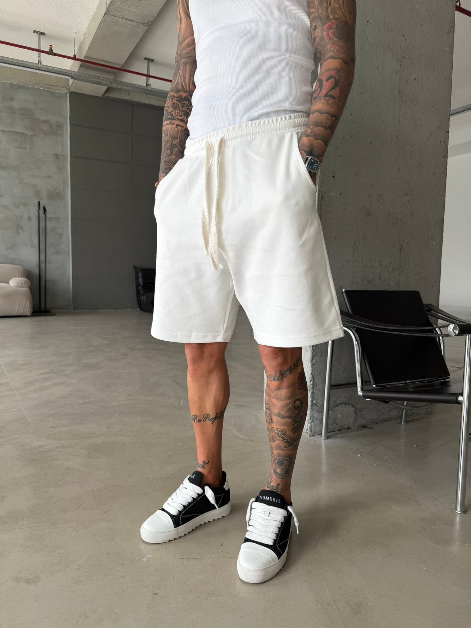 Yıkamalı Basic Premium Kumaş Şort - Beyaz