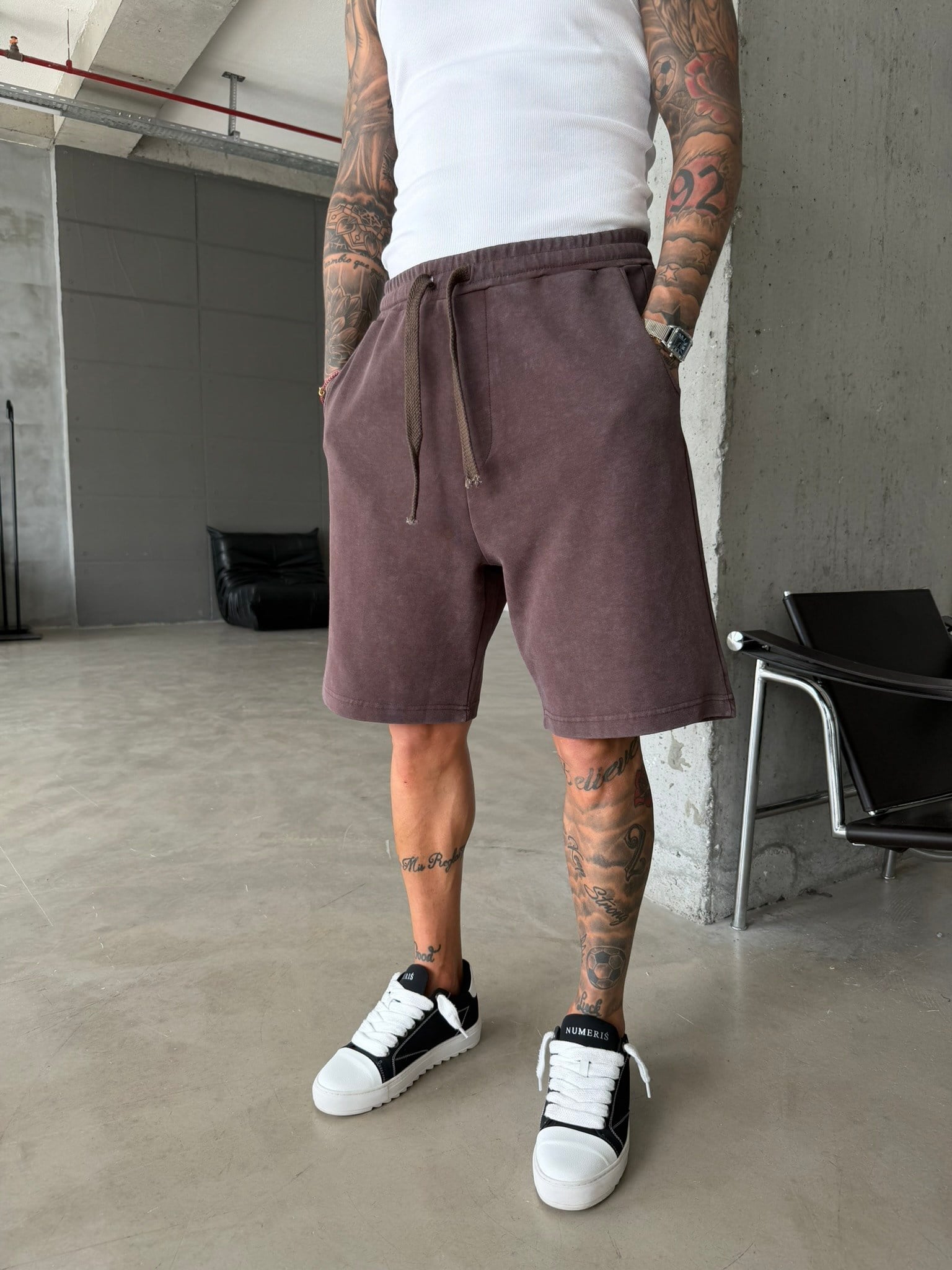 Yıkamalı Basic Premium Kumaş Şort - Kahve