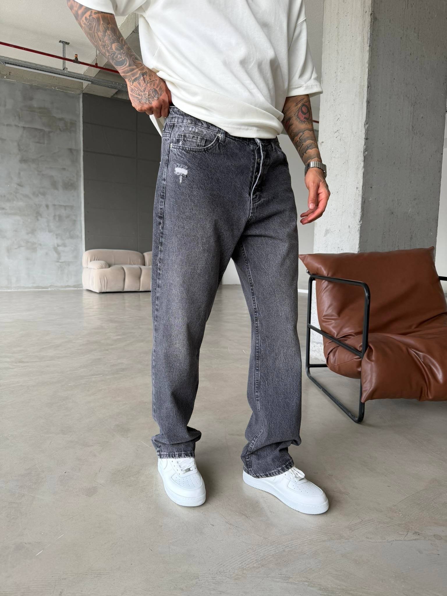 Yıkamalı Detaylı Baggy Pantolon - Gri