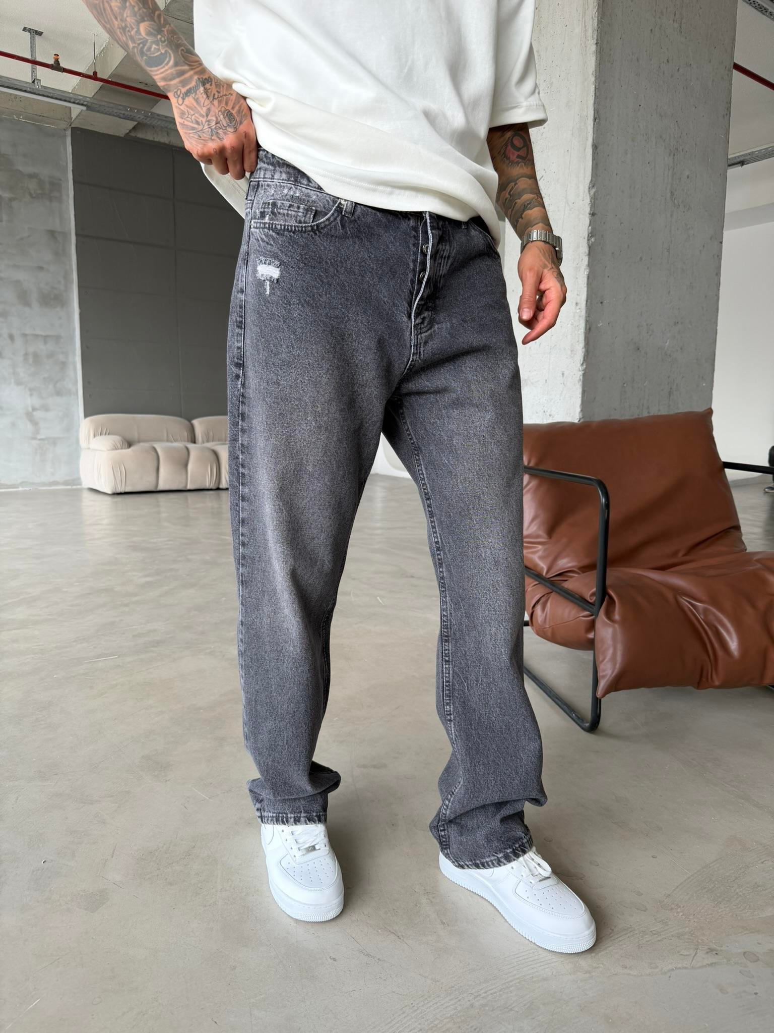 Yıkamalı Detaylı Baggy Pantolon - Gri