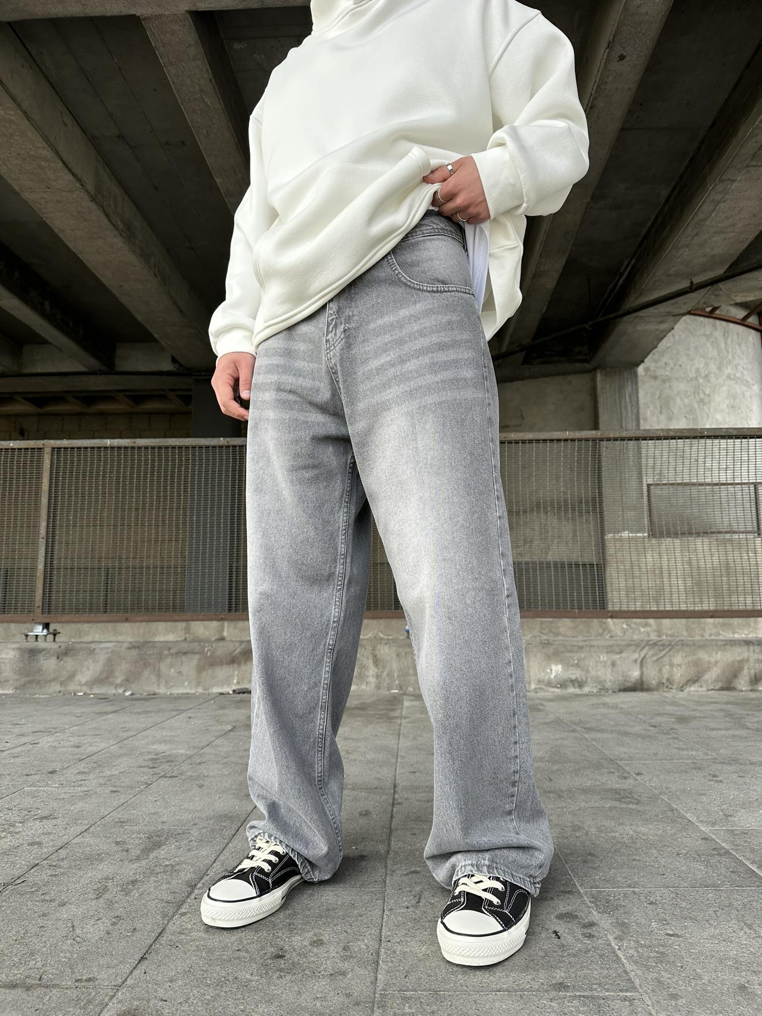 Yıkamalı Extra Baggy Fit Jean Pantolon Gri