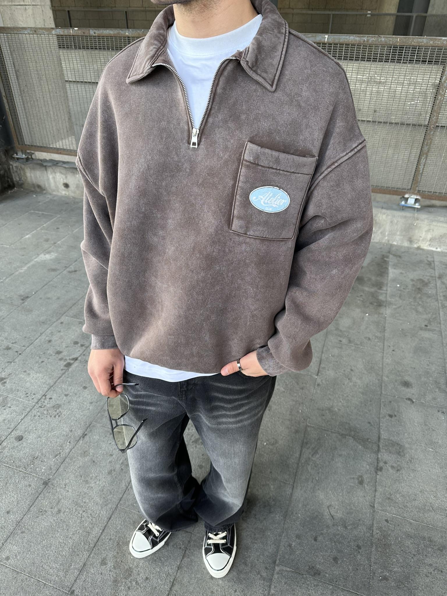 Yıkamalı  Polo Yarım Fermuarlı Yaka Oversize Sweatshirt Kahverengi