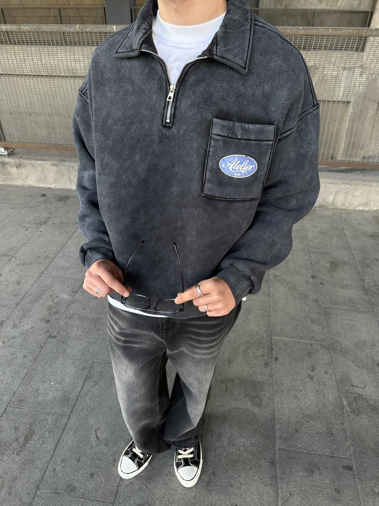 Yıkamalı  Polo Yarım Fermuarlı Yaka Oversize Sweatshirt Siyah