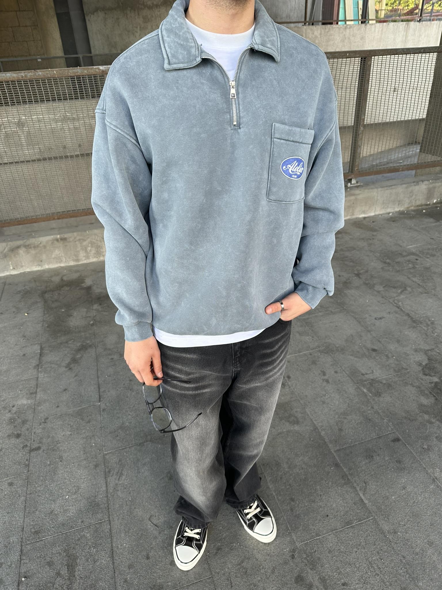 Yıkamalı  Polo Yarım Fermuarlı Yaka Oversize Sweatshirt Taş Mavisi