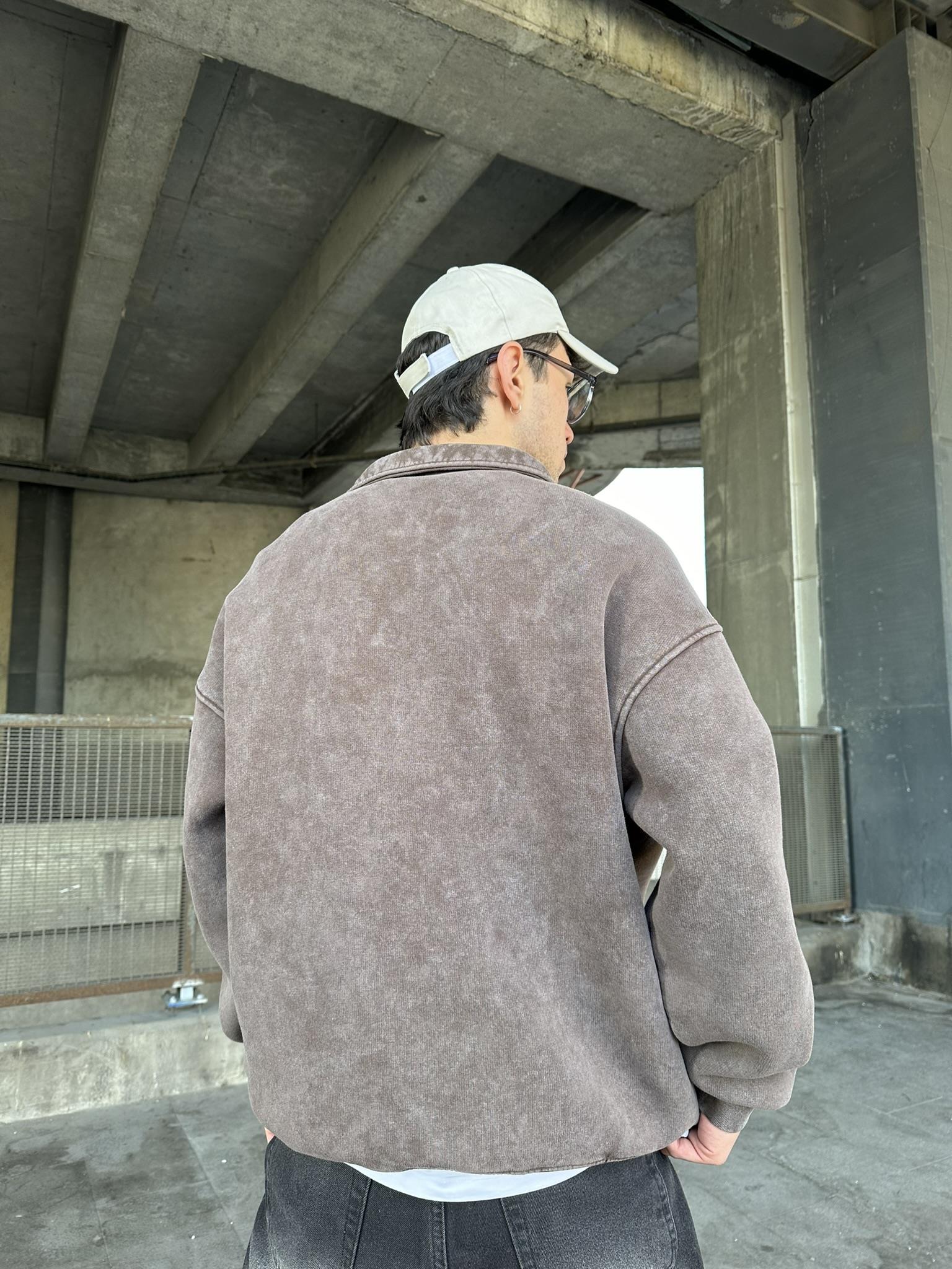 Yıkamalı  Polo Yarım Fermuarlı Yaka Oversize Sweatshirt Kahverengi