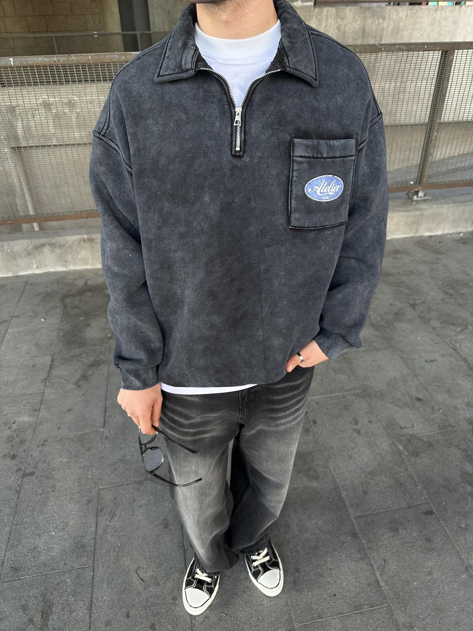 Yıkamalı  Polo Yarım Fermuarlı Yaka Oversize Sweatshirt Siyah