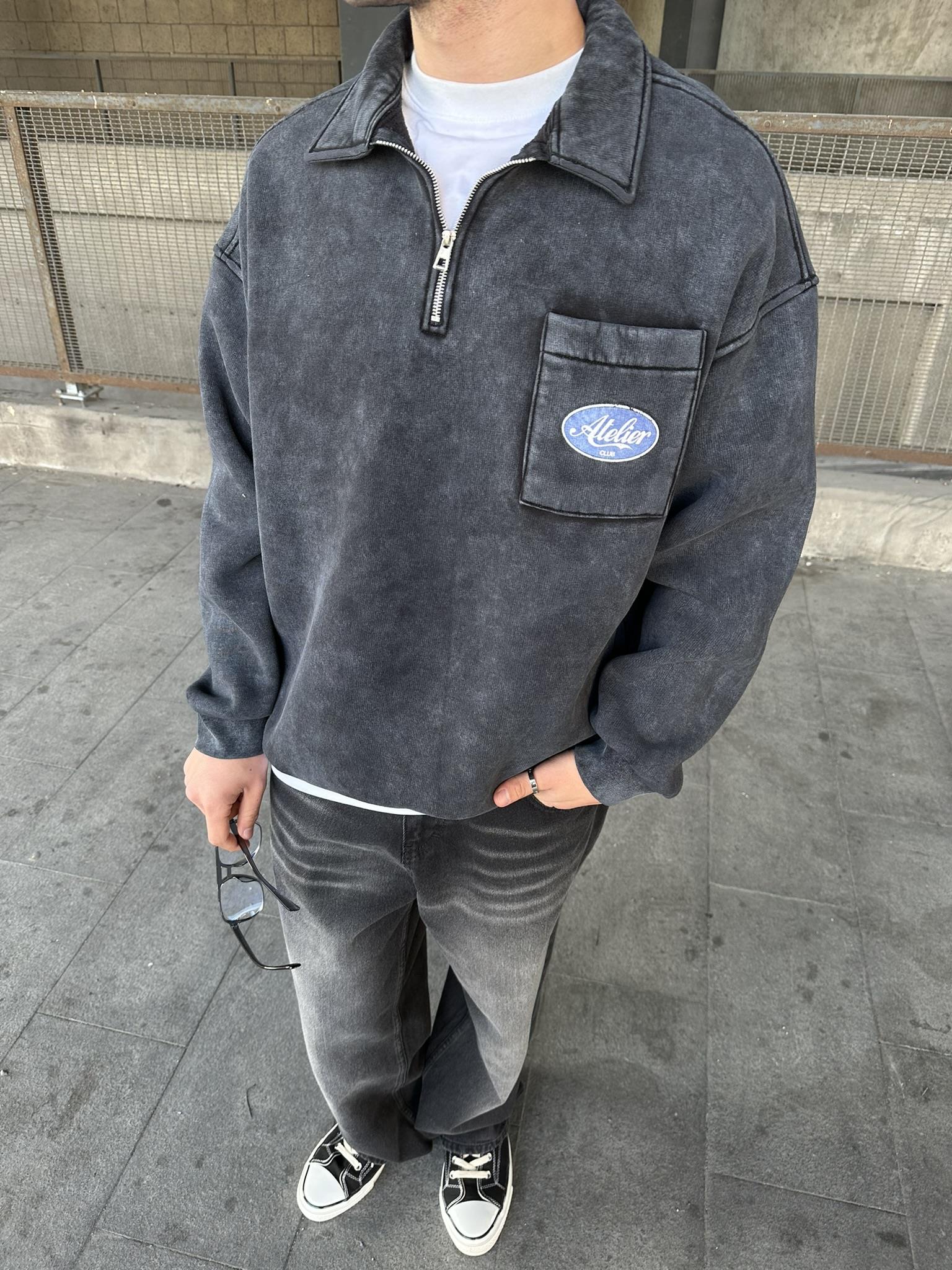 Yıkamalı  Polo Yarım Fermuarlı Yaka Oversize Sweatshirt Siyah