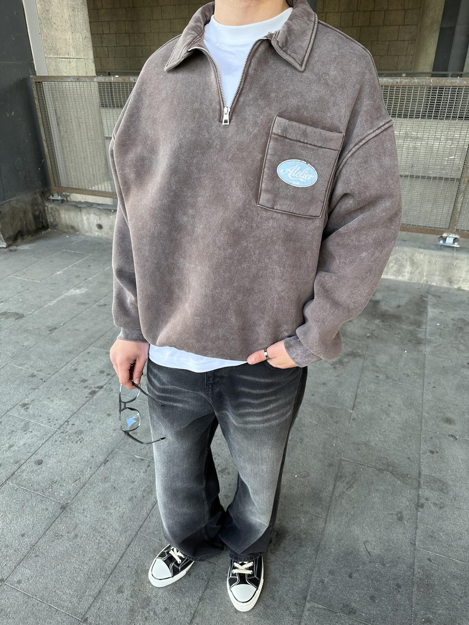 Yıkamalı  Polo Yarım Fermuarlı Yaka Oversize Sweatshirt Kahverengi
